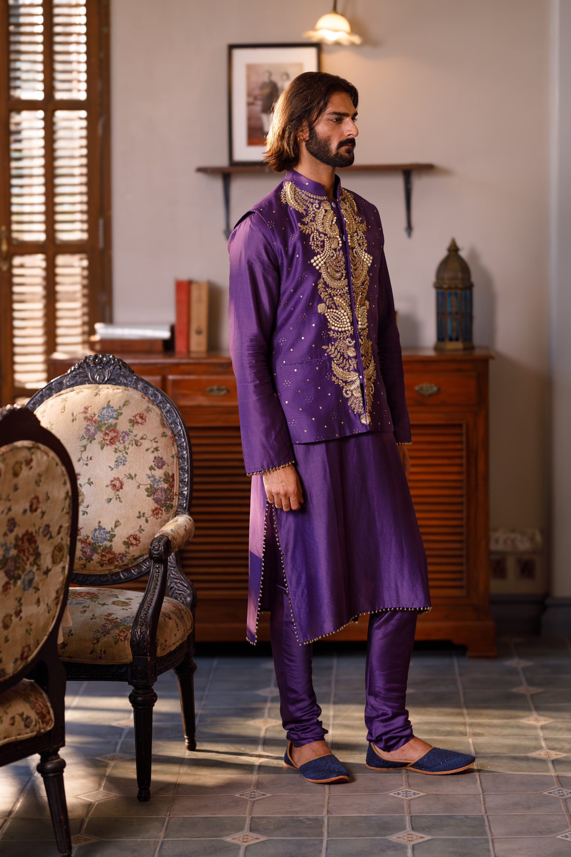 Purple Embroidered Bandi With Kurta And Churidar