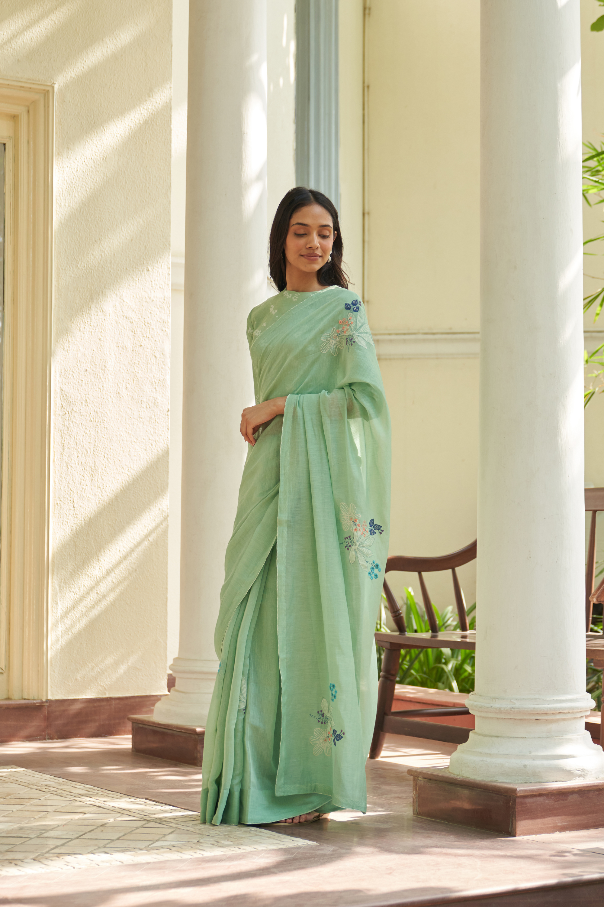 Mint Floral Threadwork Sare