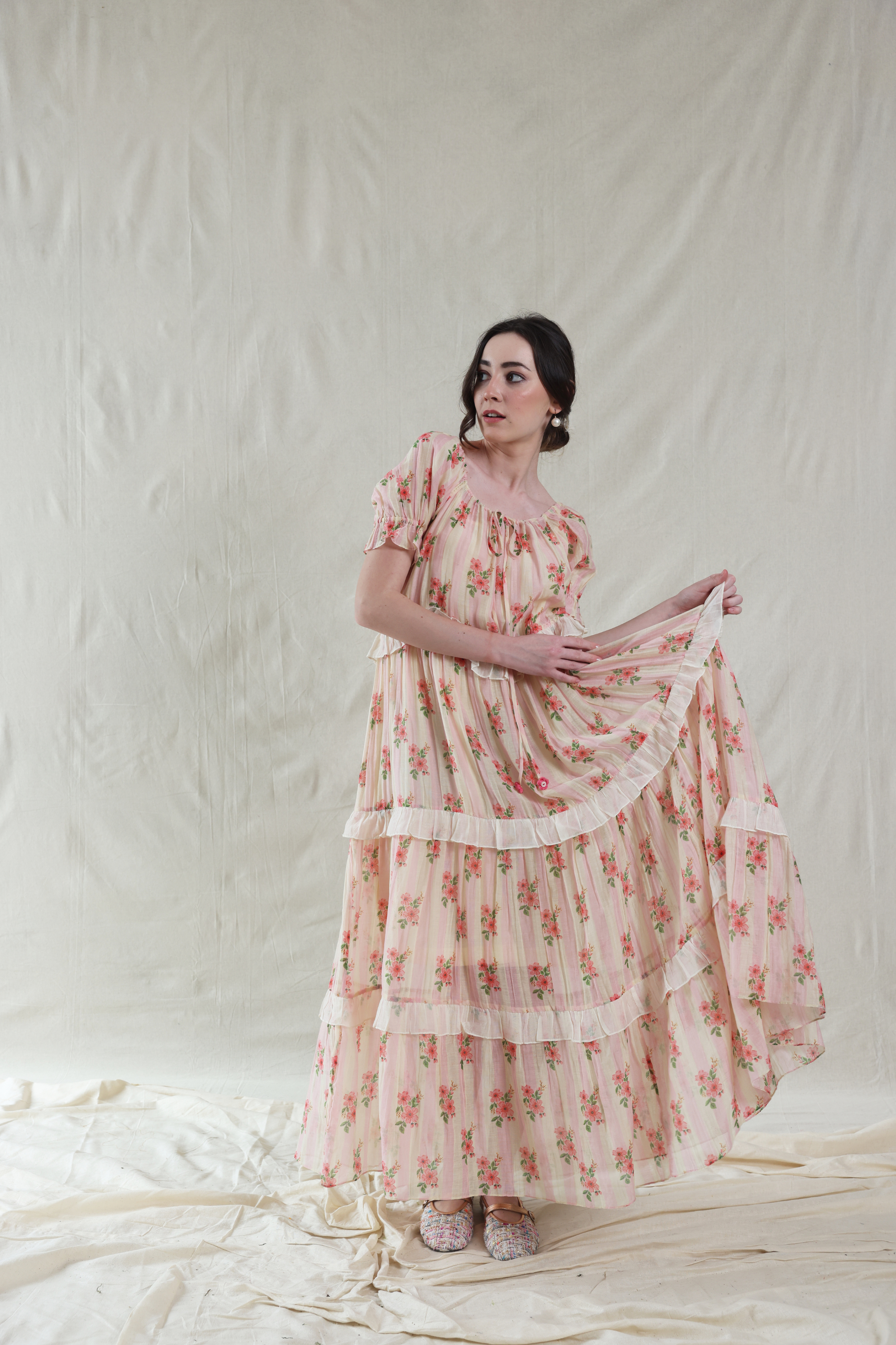 Pink Silk, Cotton Scoop Neck Floral Maxi Handwoven Dress And Slip Set