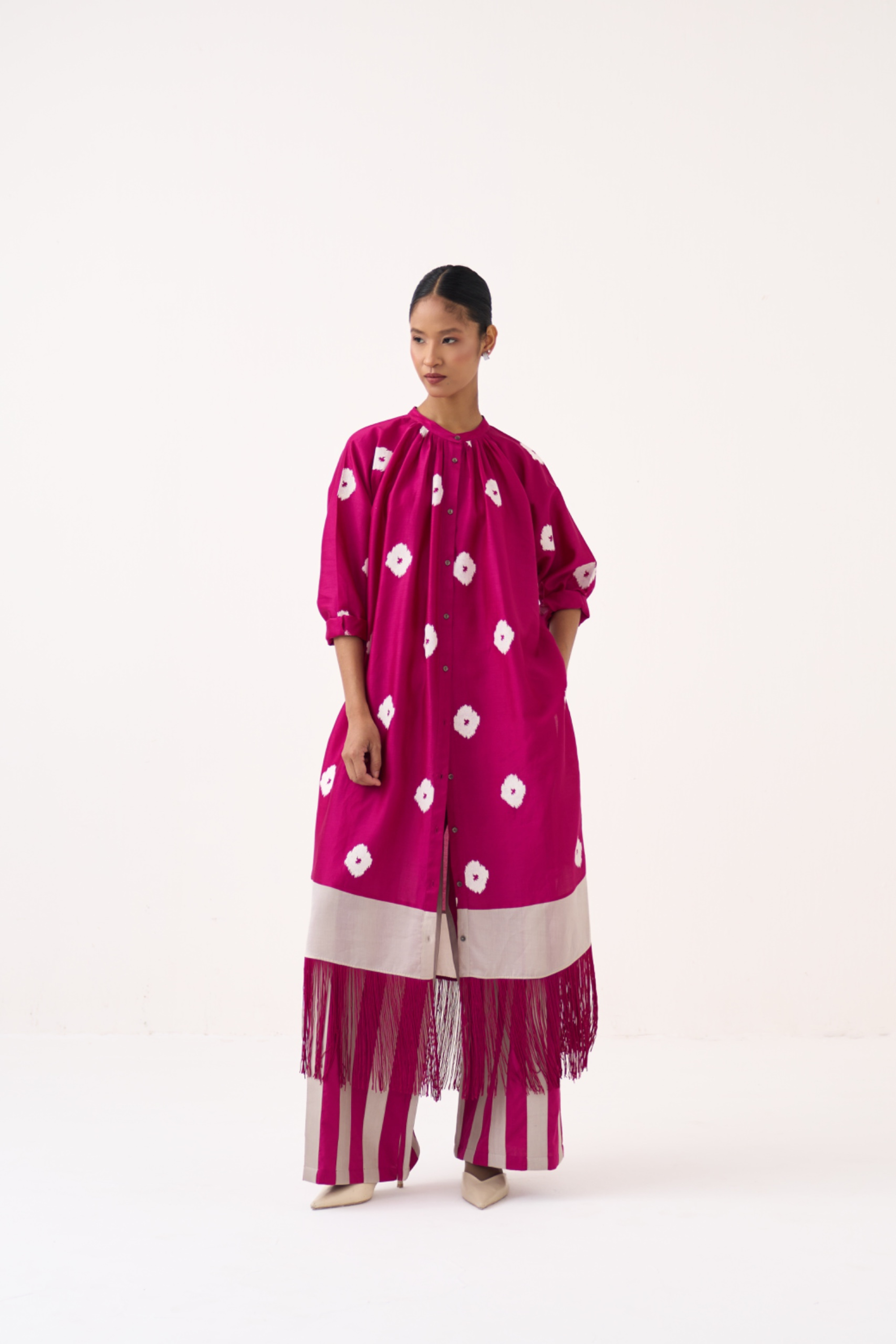 Block Print Fringe Gather Neck Shirt Co-ord