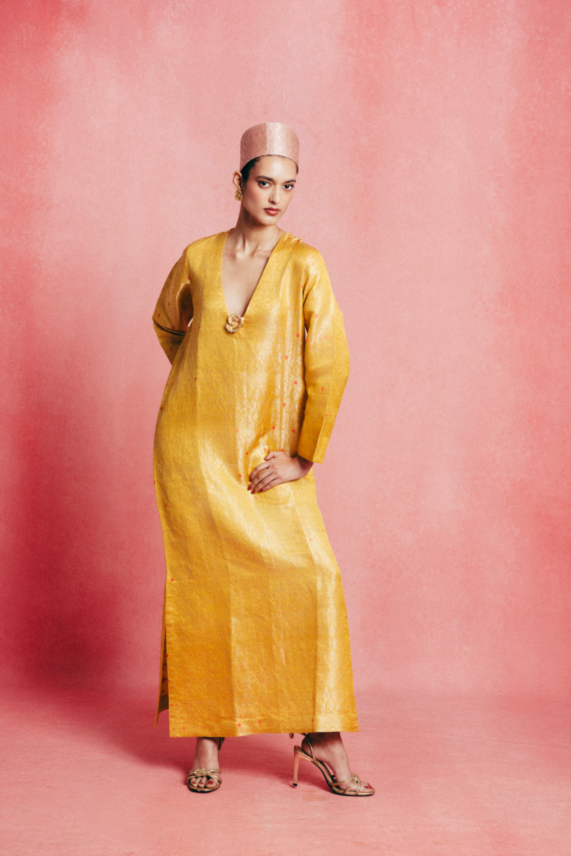 Handwoven Mustard Yellow Banarasi Kaftan