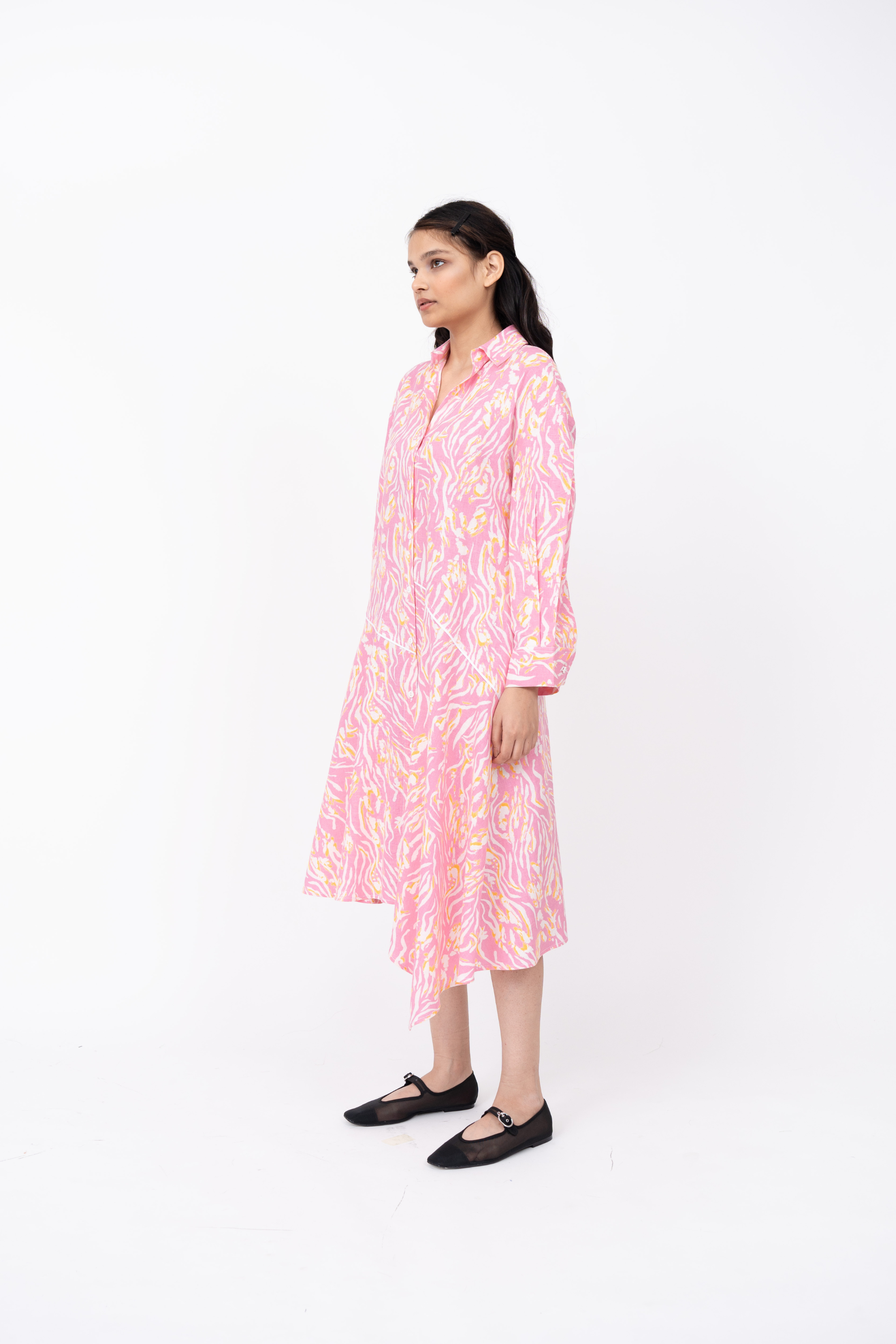 Pink Wave Print New Slide Shirt Dress