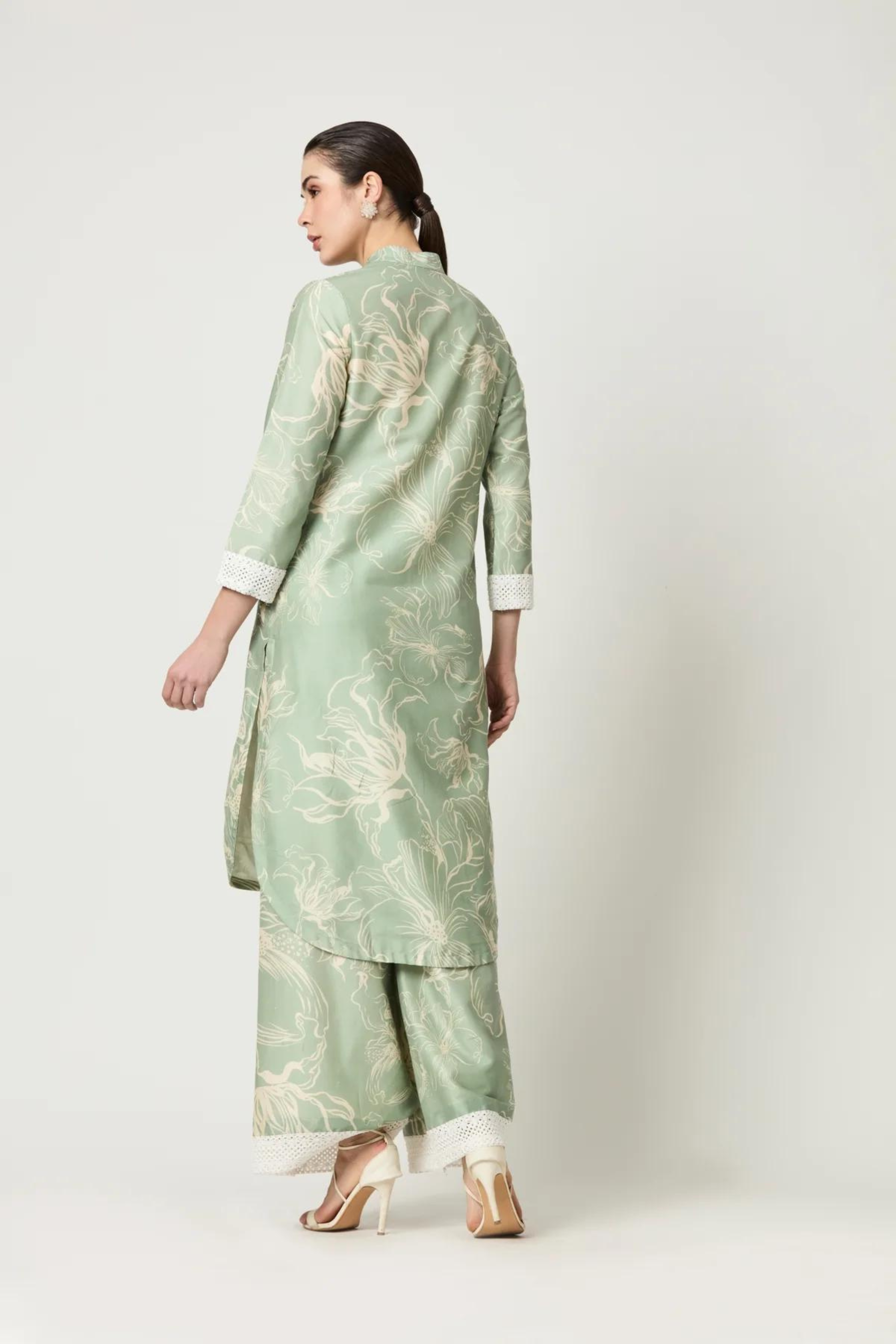 Luna Sage Green All Over Print & Front Open Kurta