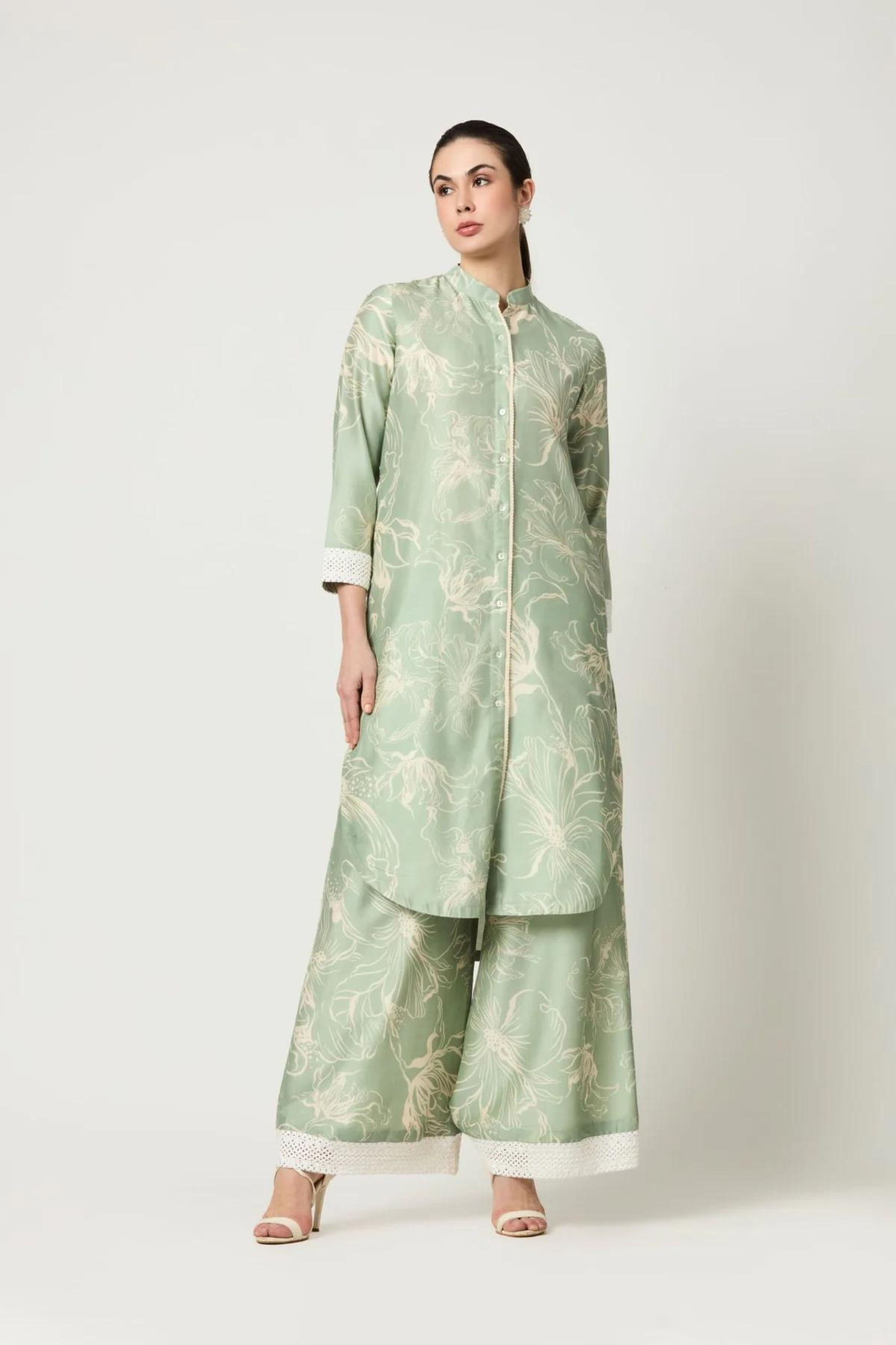 Luna Sage Green All Over Print & Front Open Kurta