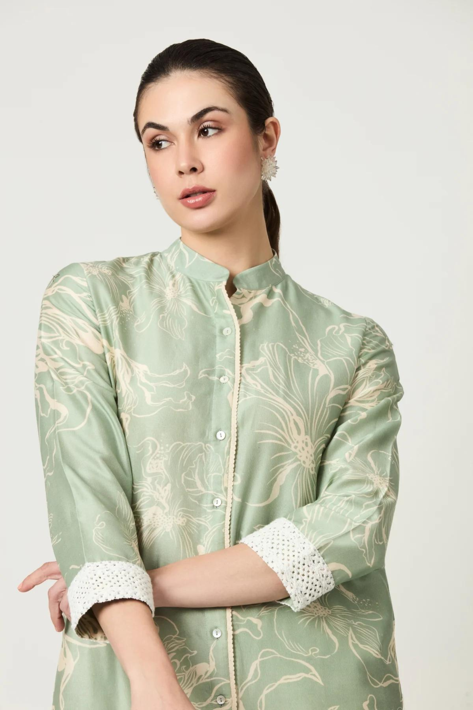 Luna Sage Green All Over Print & Front Open Kurta