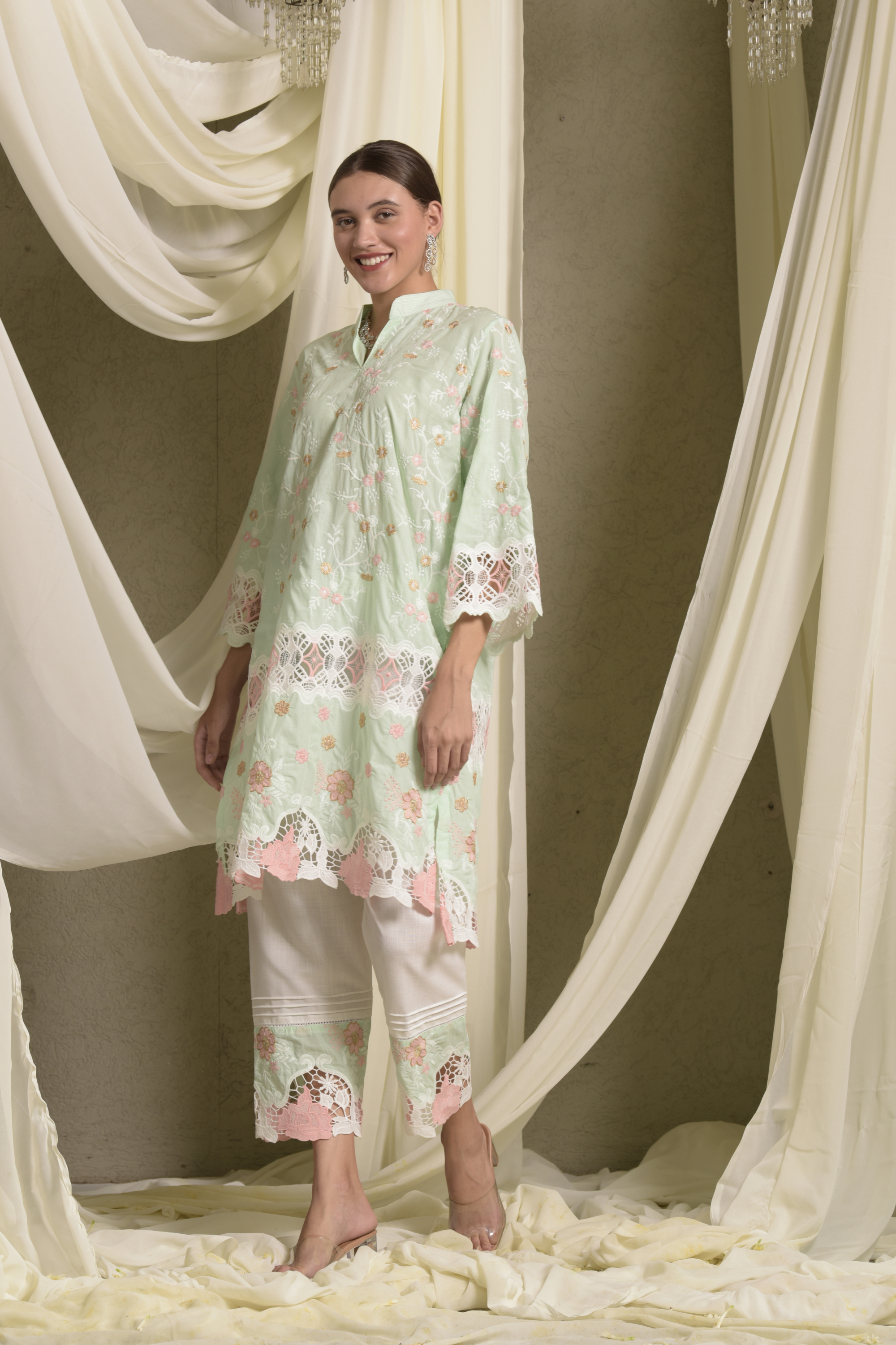 Myra Mesh Floral Lace Kurta With Pants