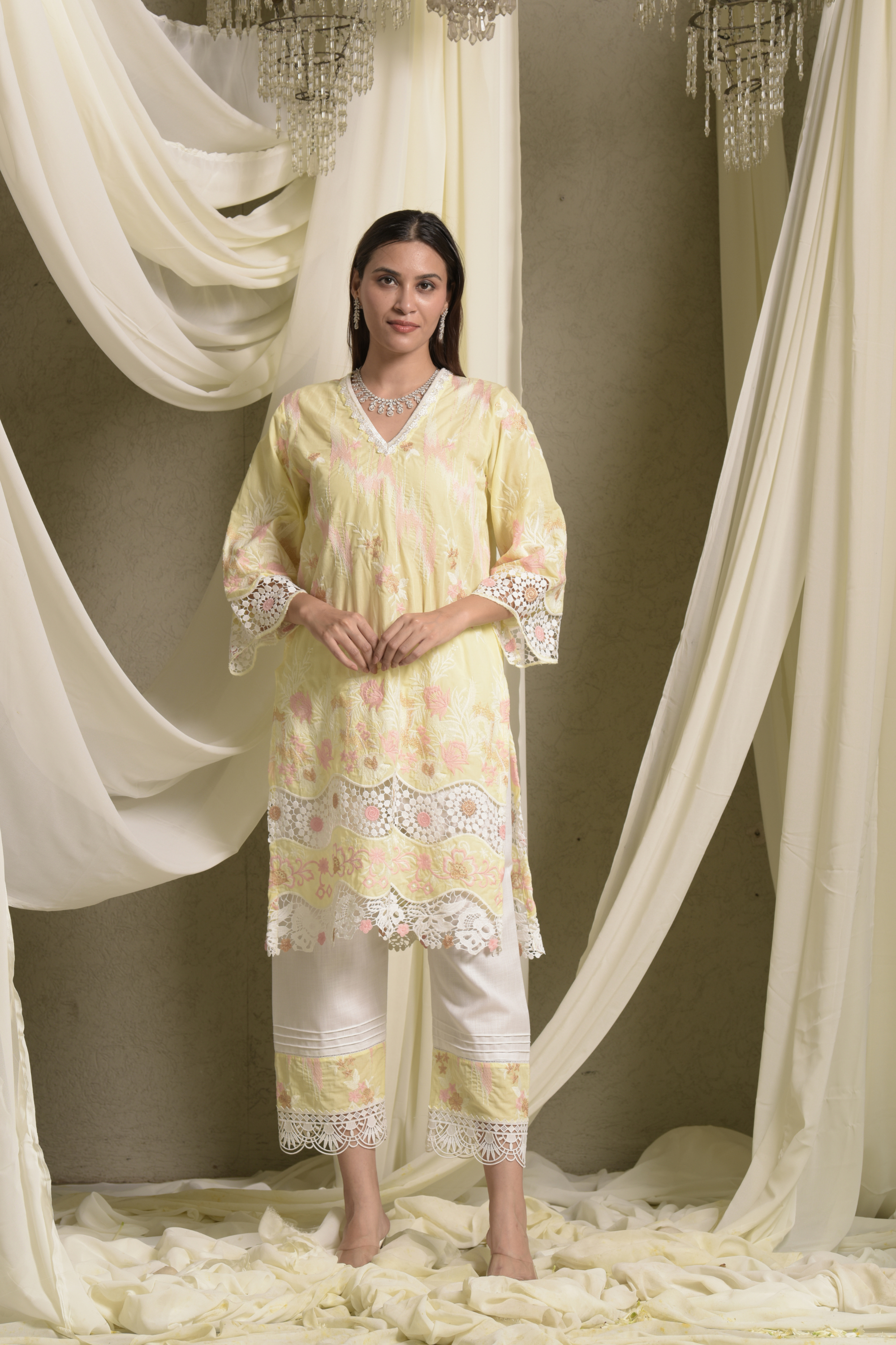 Myra Mesh Floral Lace Kurta With Pant - Yellow