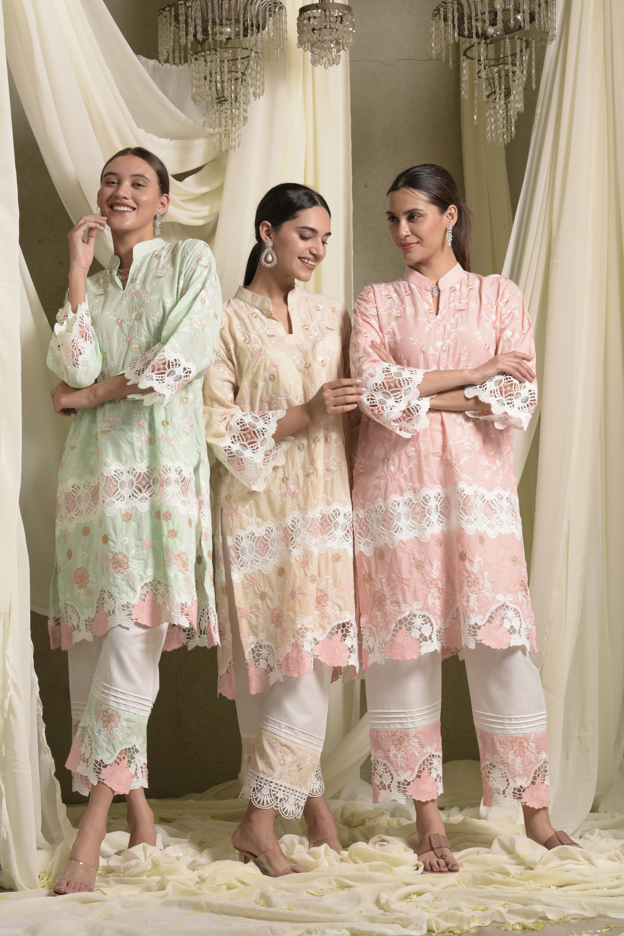 Myra Mesh Floral Lace Kurta With Pant - Beige