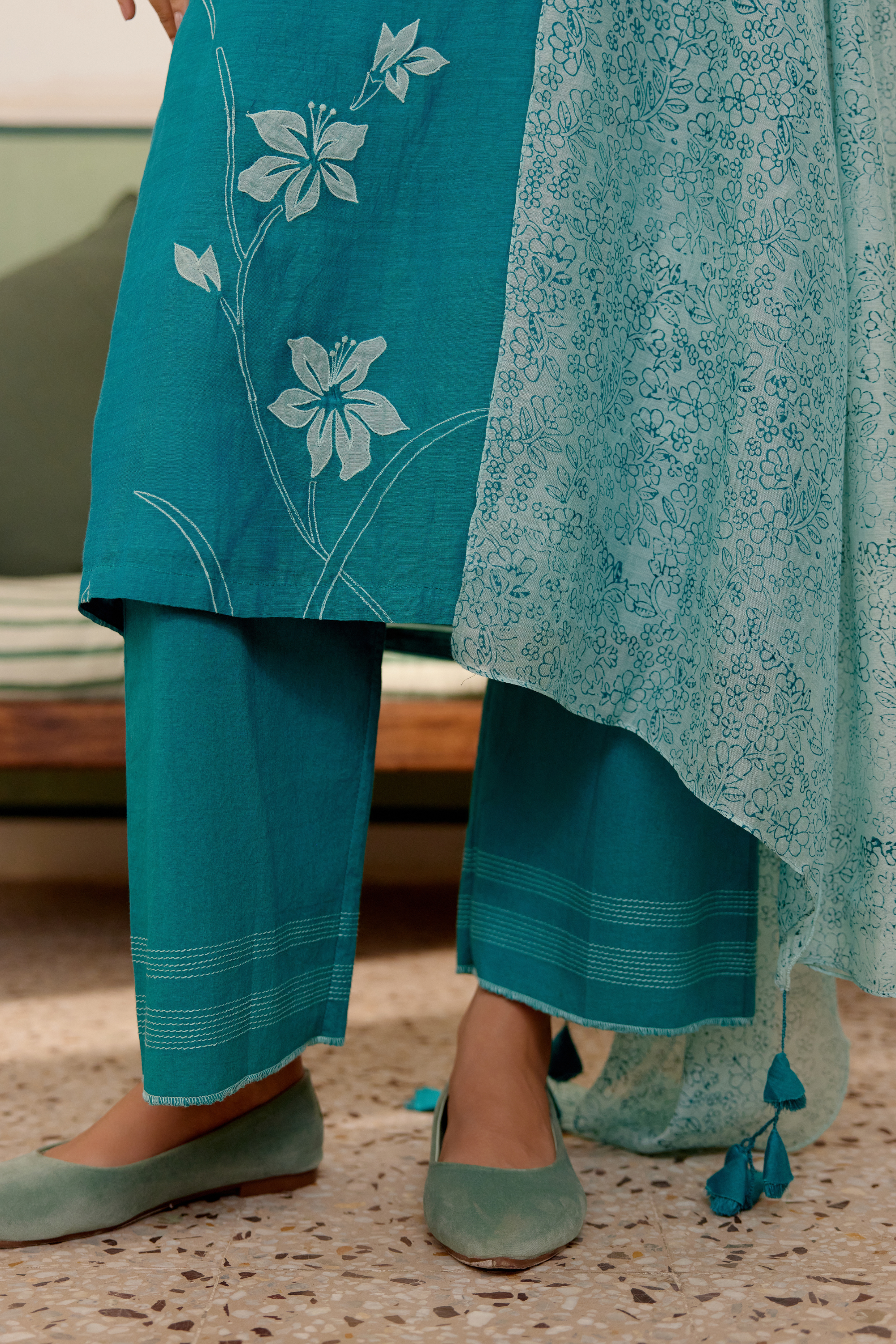 Teal Applique Kurta Set