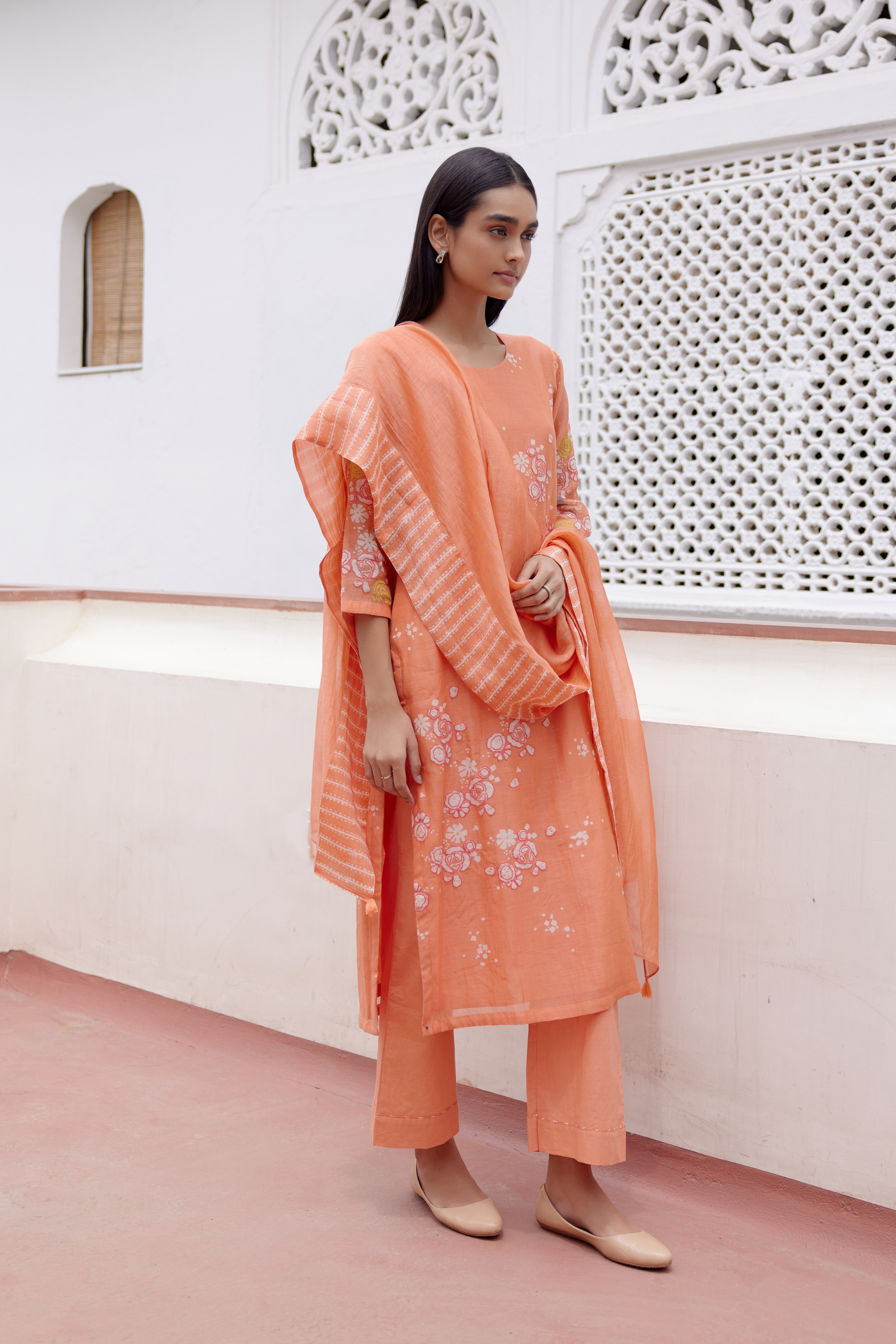 tangerine Floral Kurta Set