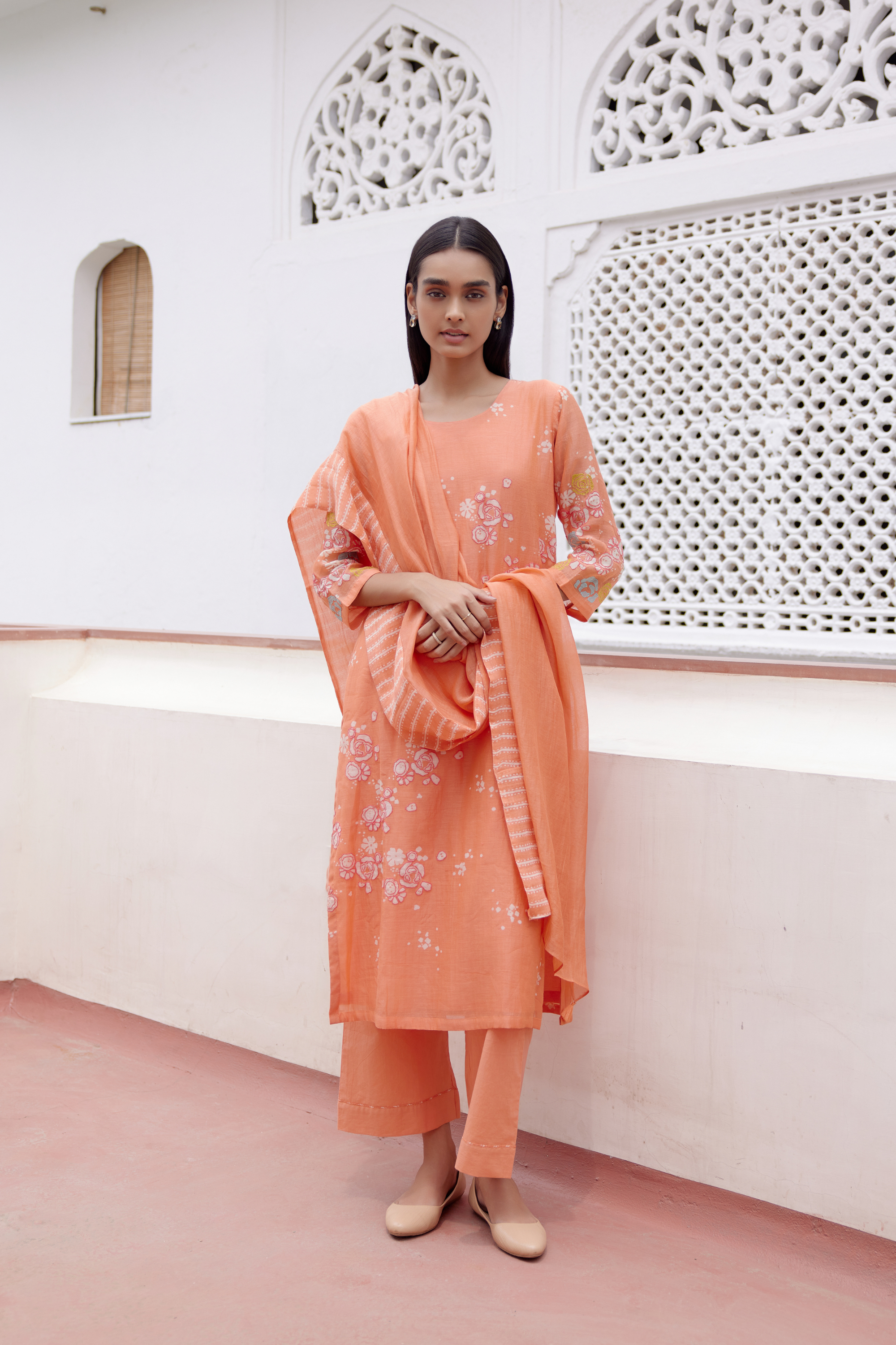 tangerine Floral Kurta Set