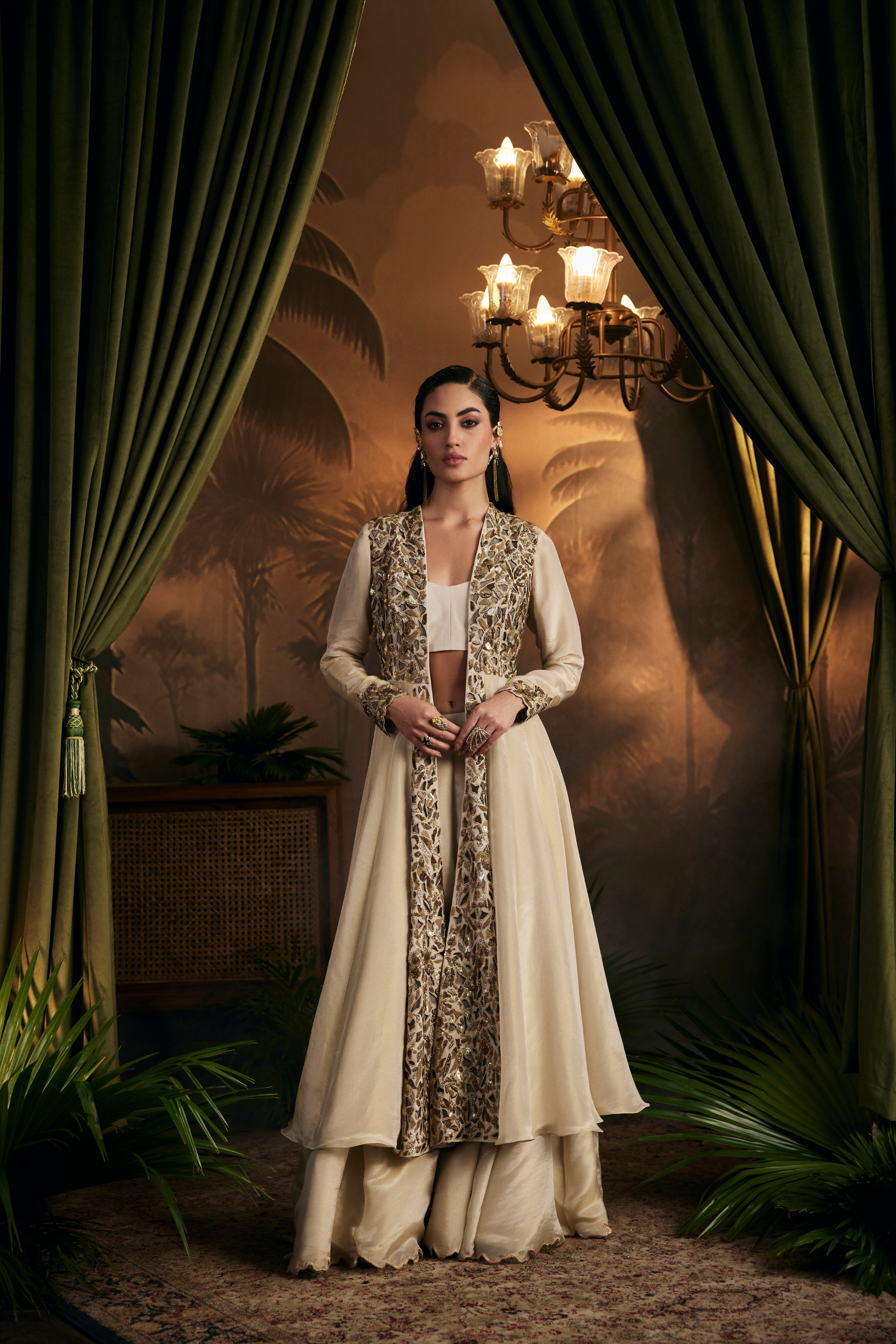 Antique Gold Embroidered Long Jacket Paired with Blouse