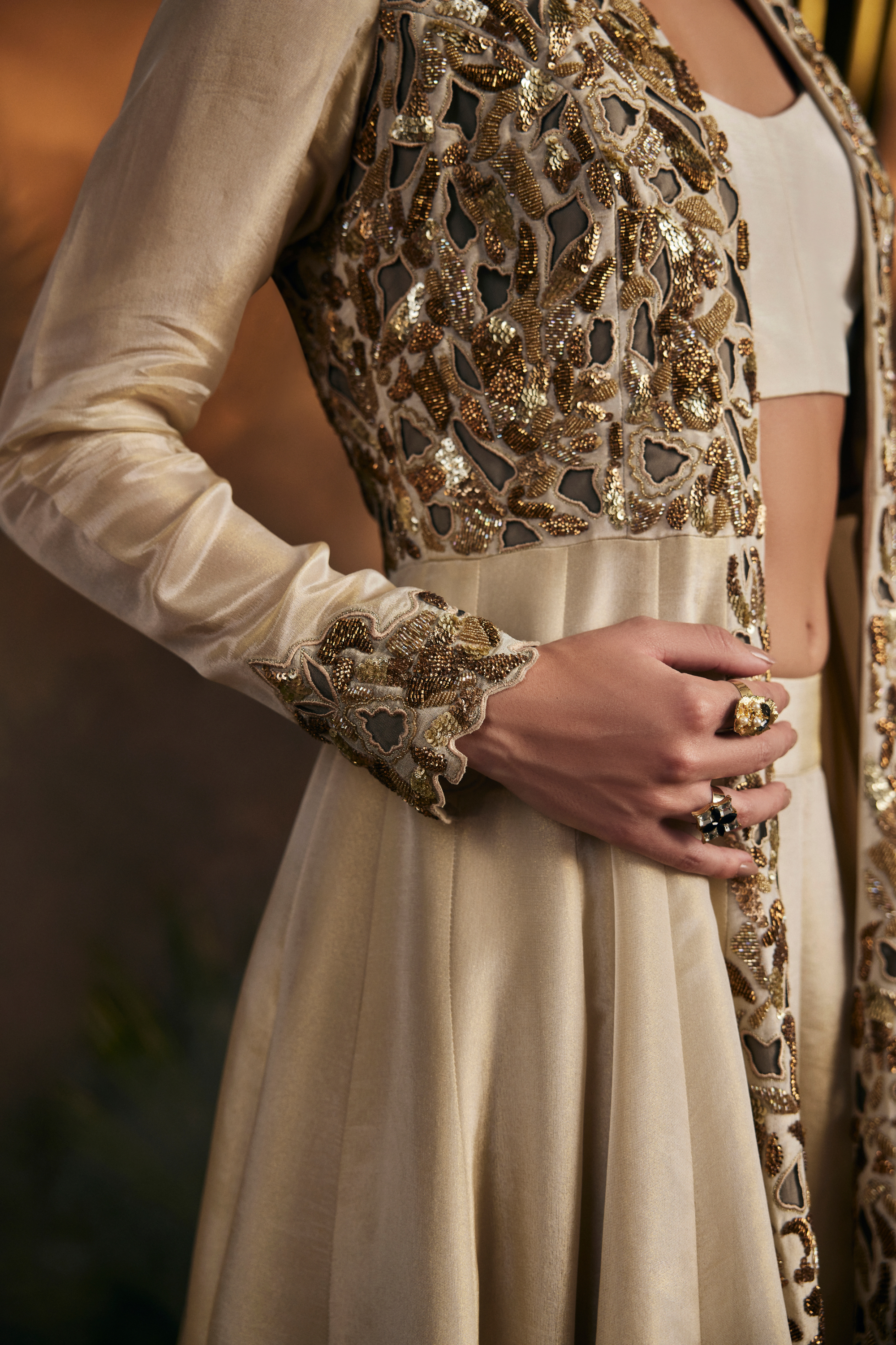 Antique Gold Embroidered Long Jacket Paired with Blouse