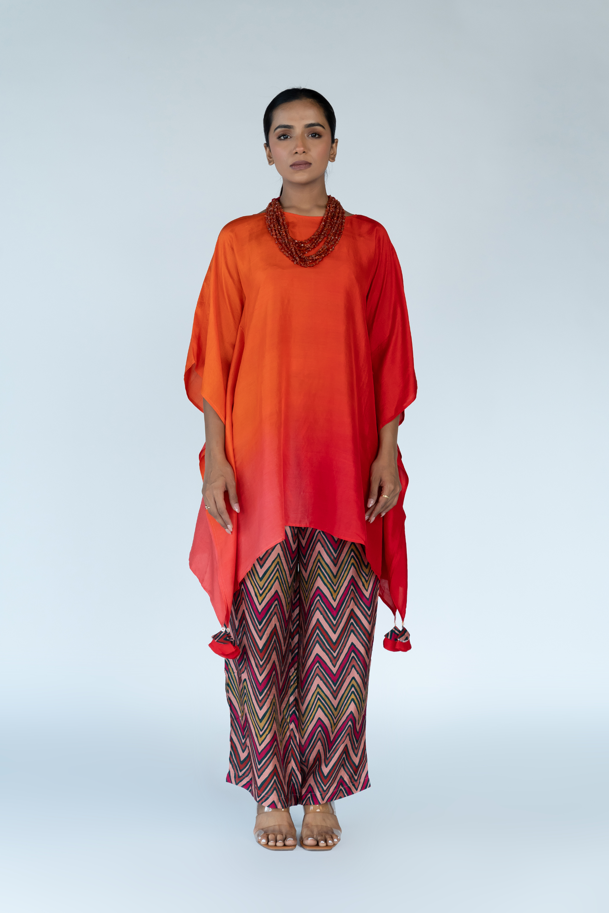 Fuschia Red Ombre Kaftan Top With Pants (2pc)