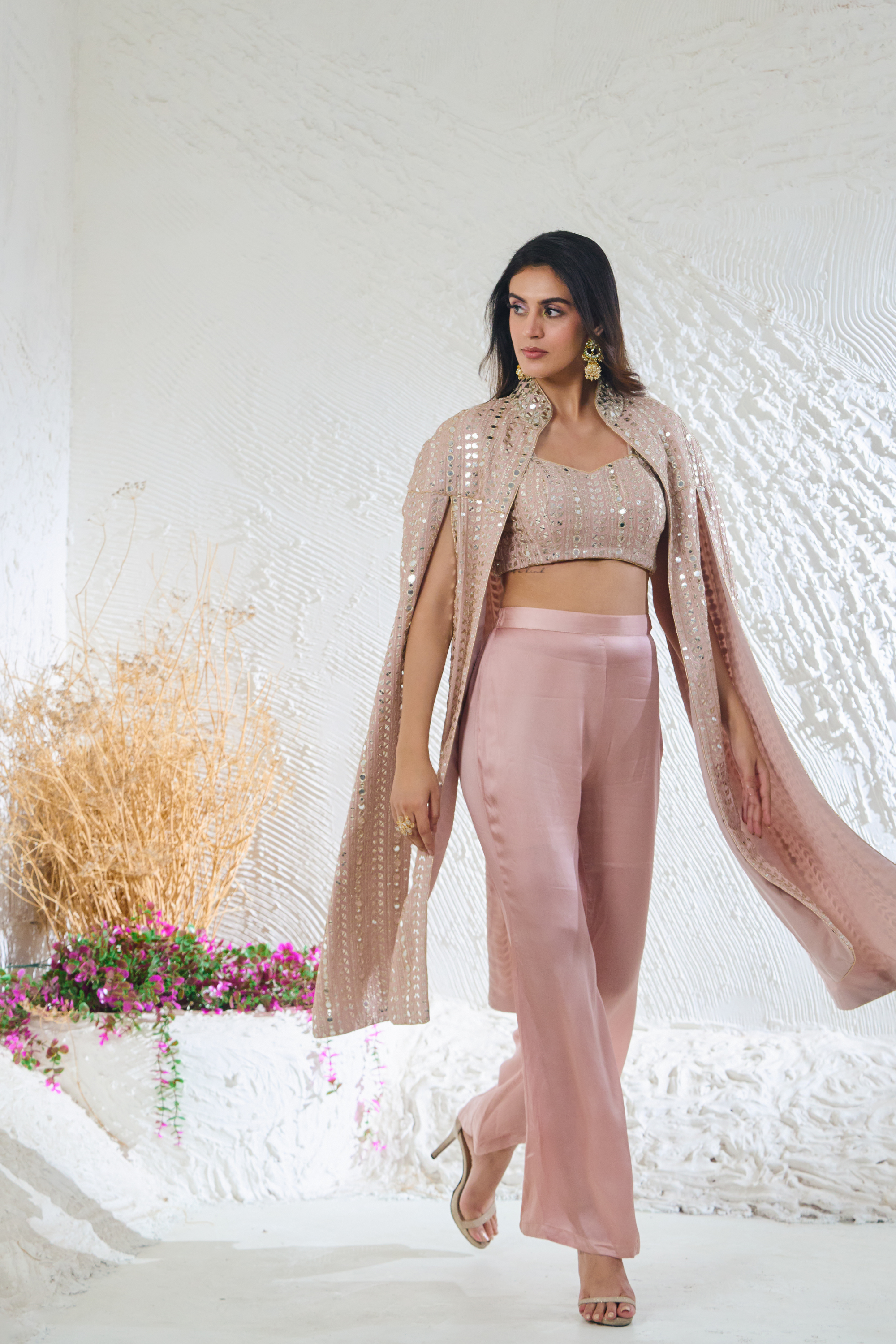 Nude Pink Cape Style Jacket With Bustier & Pants