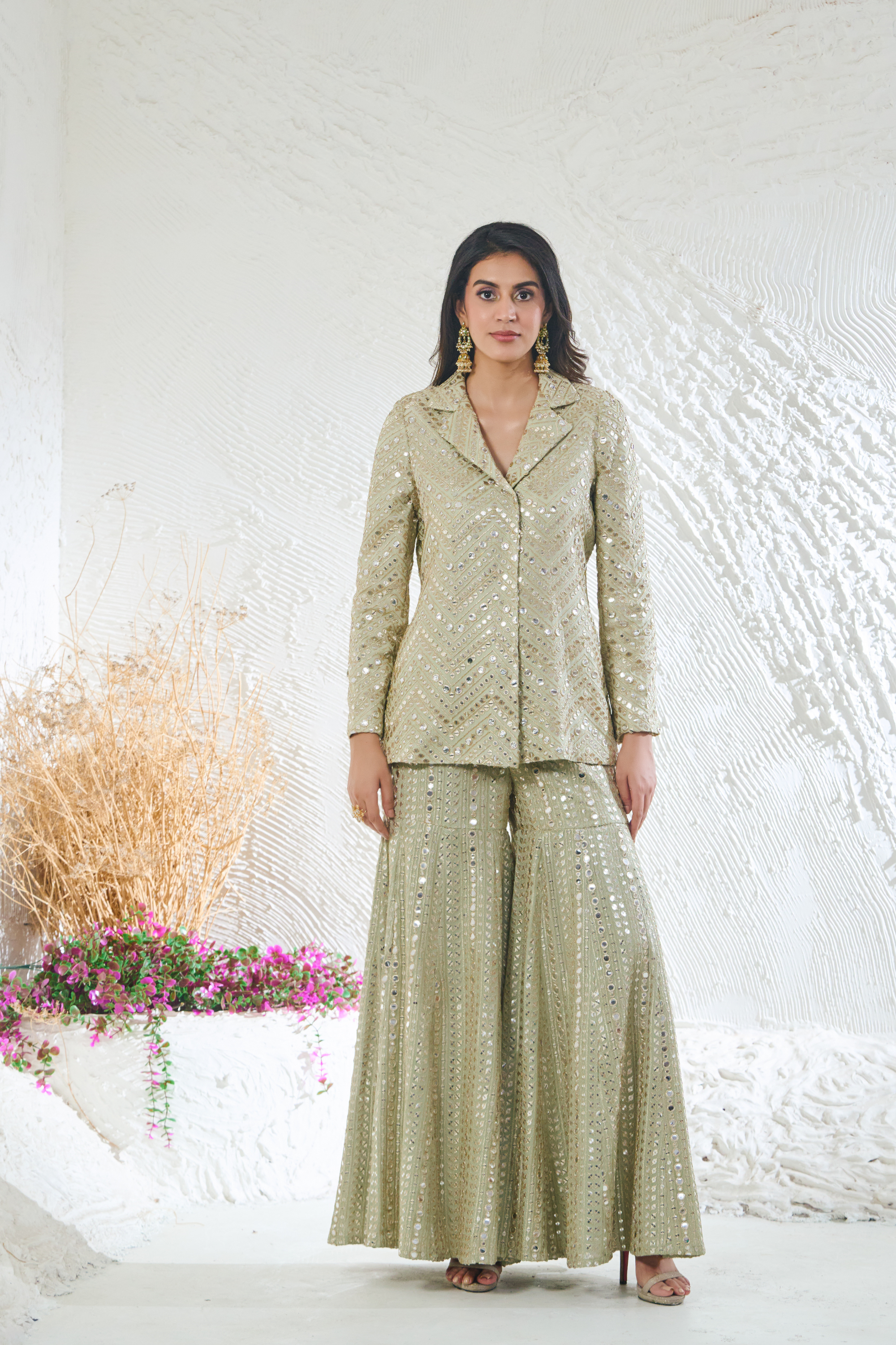 Sage Green Sharara With Short Style Kurta Jacket