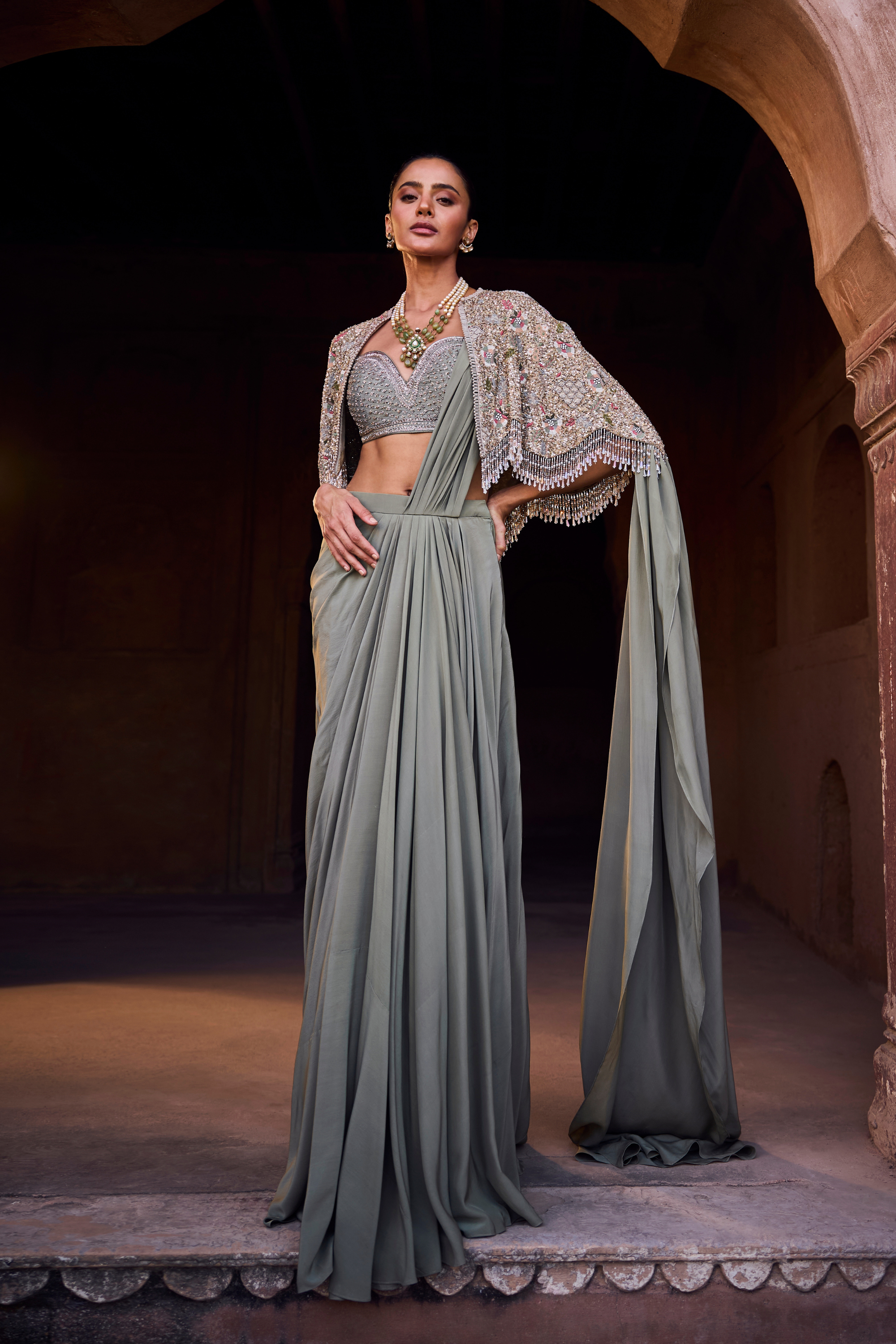 Mint Green Pre Dape Saree With Blouse