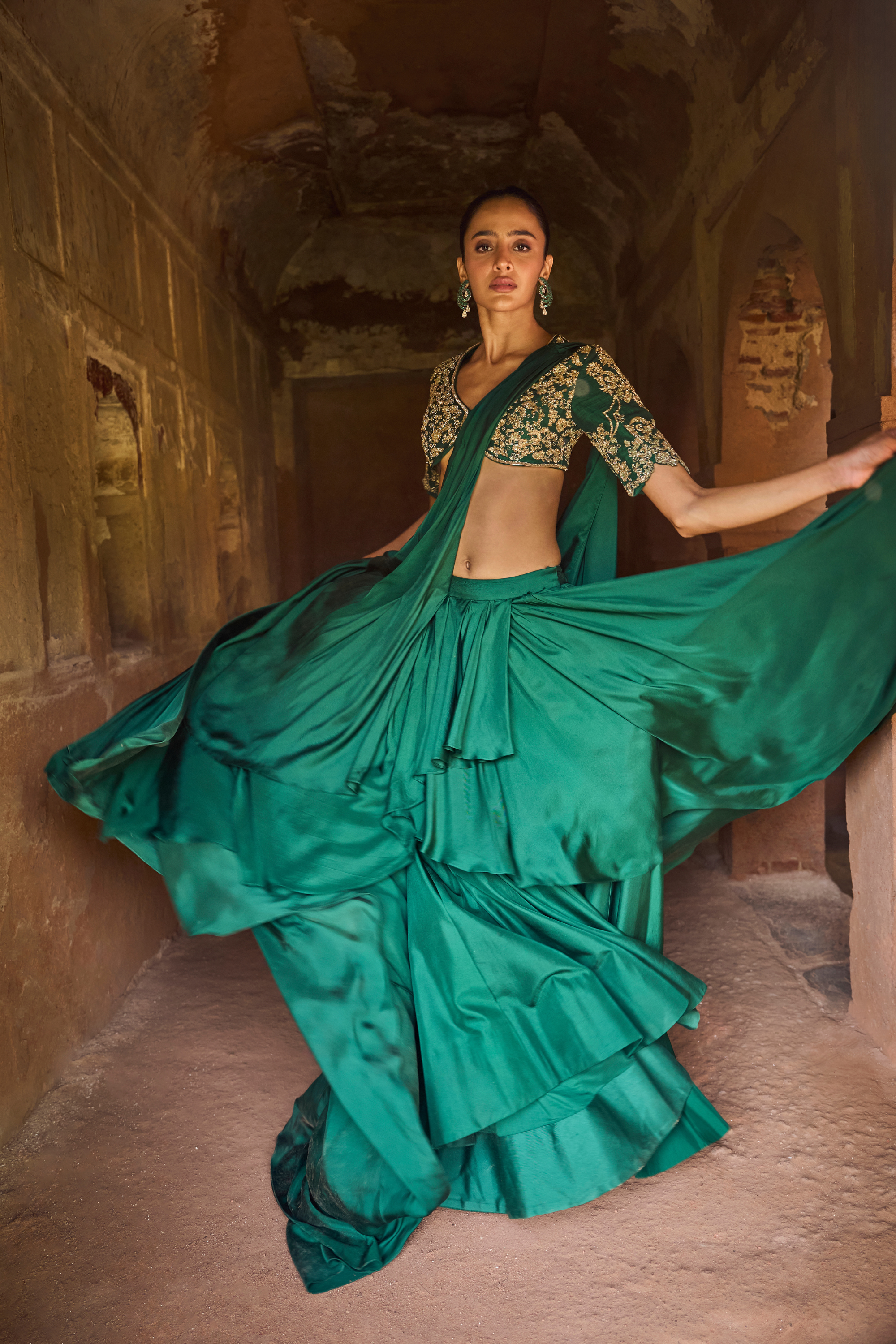Emerald Green Pre Dape Saree With Blouse