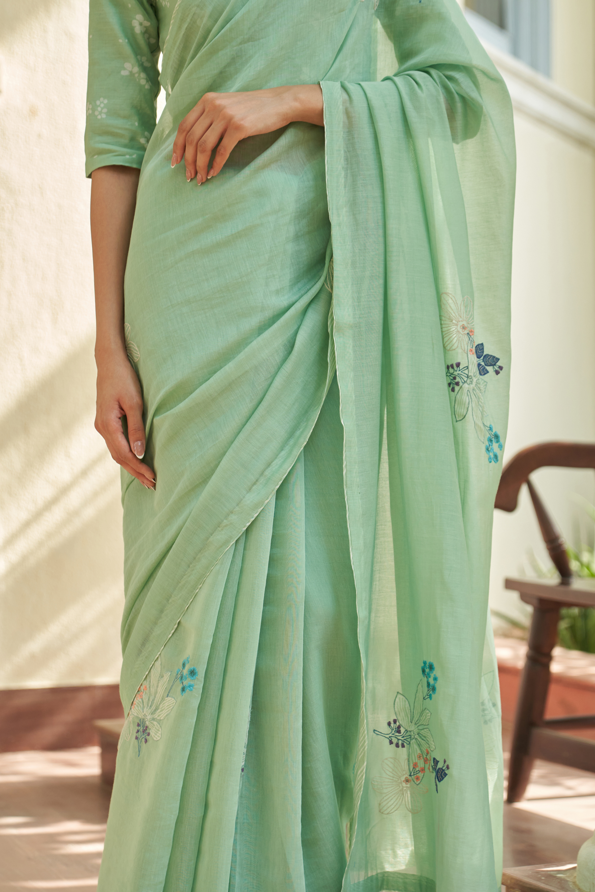 Mint Floral Threadwork Sare
