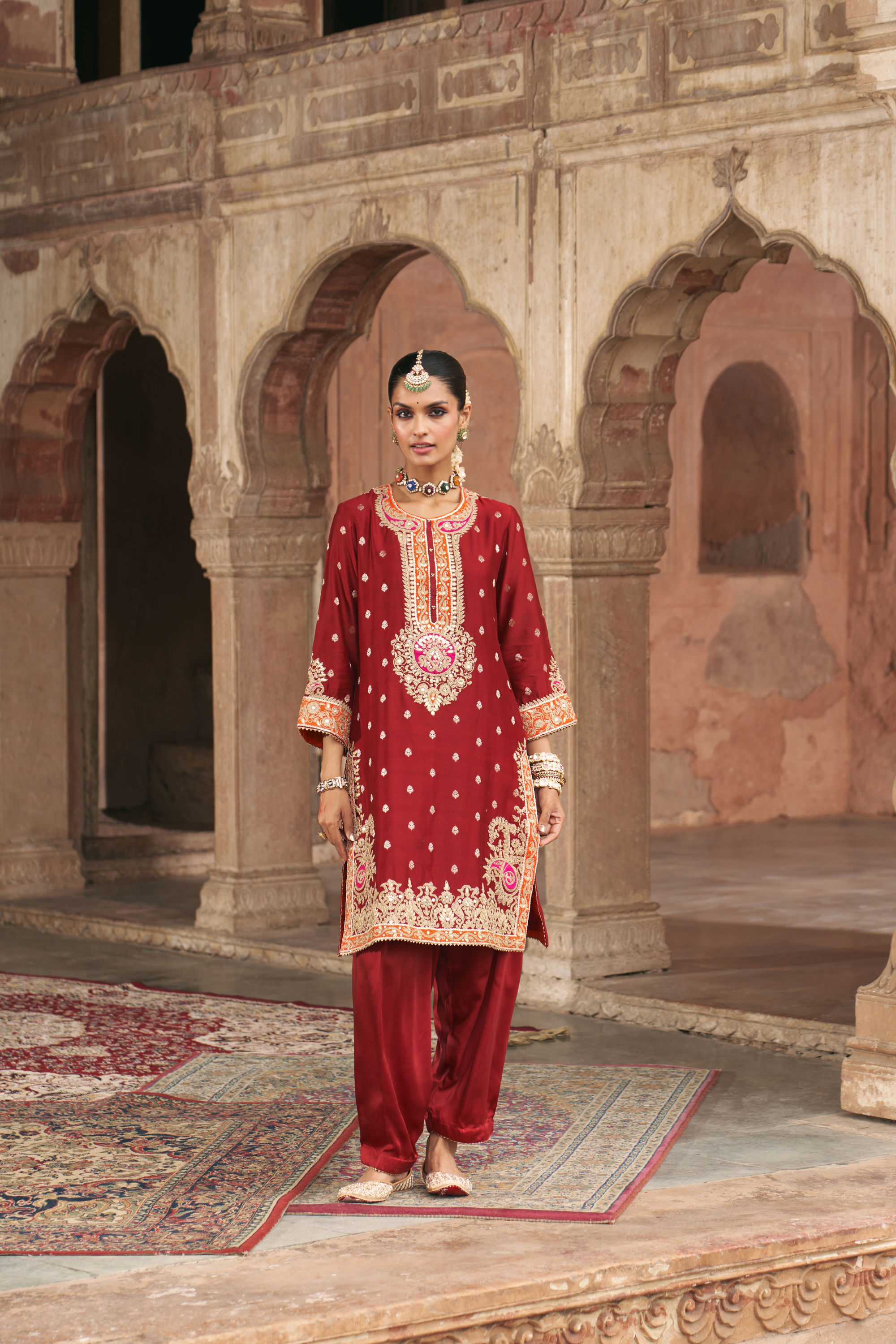 Anila - Deep Red Short Kurta Set