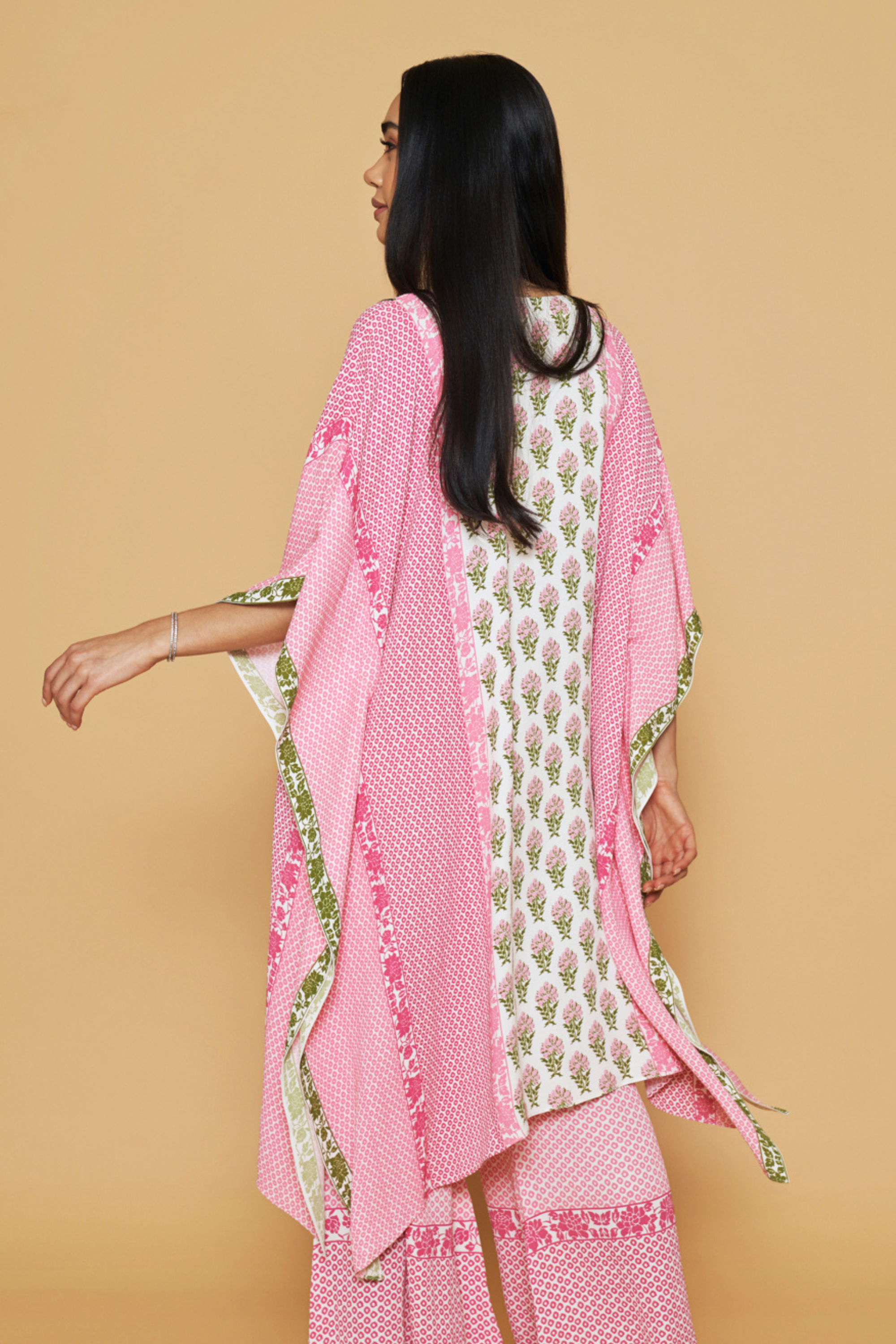 Pink And Green Kaftan With Bell Pants