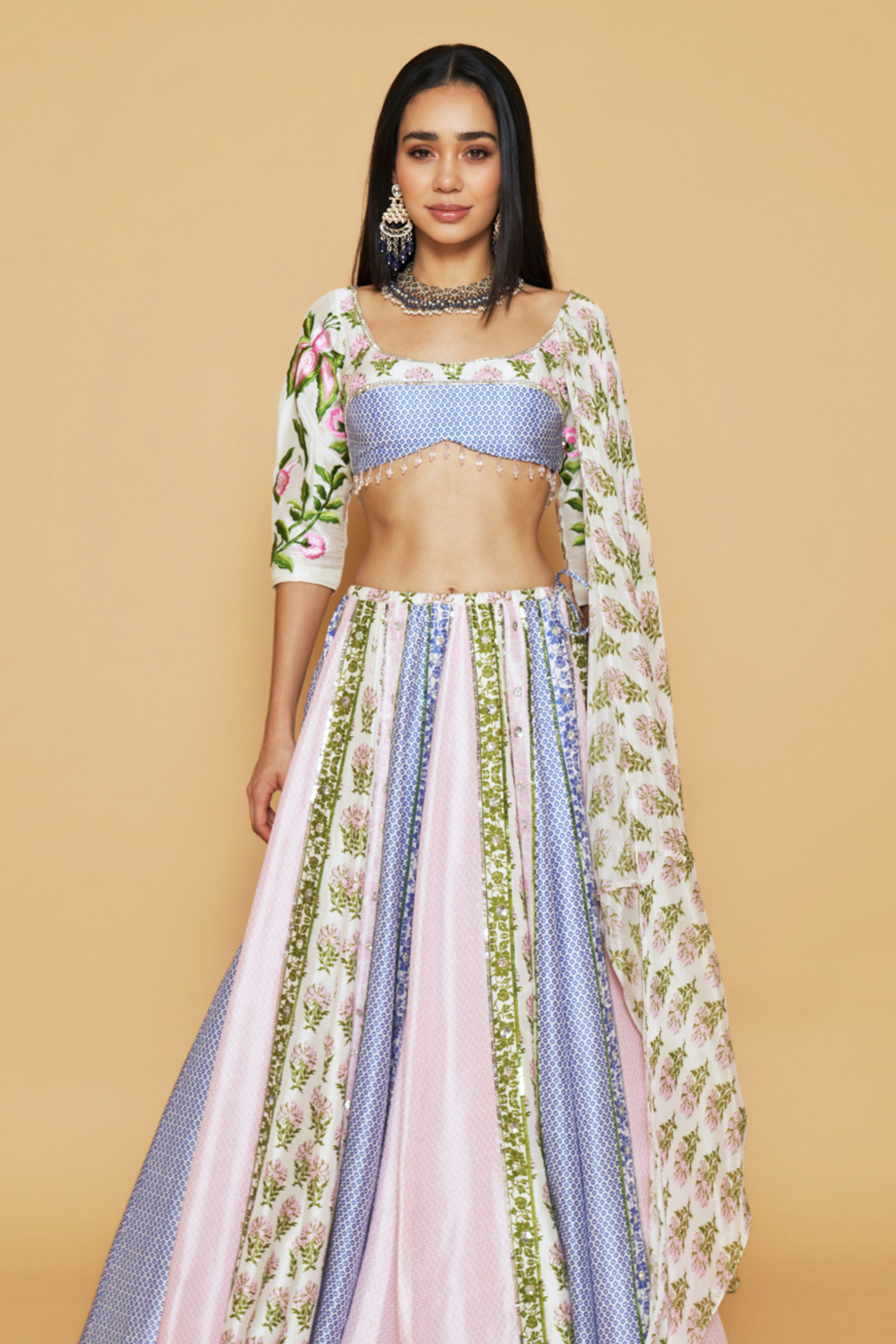 Pink, Blue & Ivory Floral Printed Lehenga Set