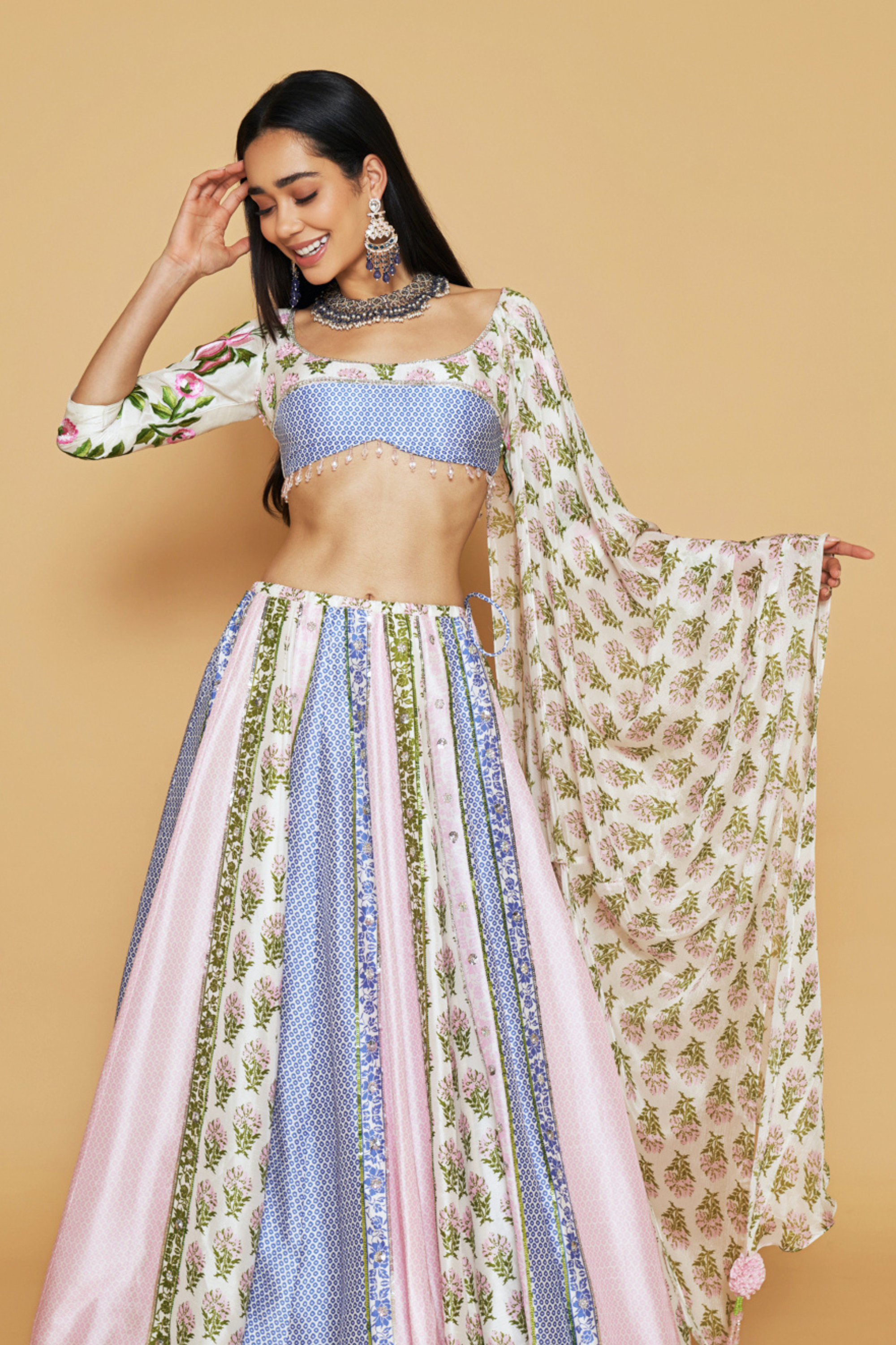Pink, Blue & Ivory Floral Printed Lehenga Set