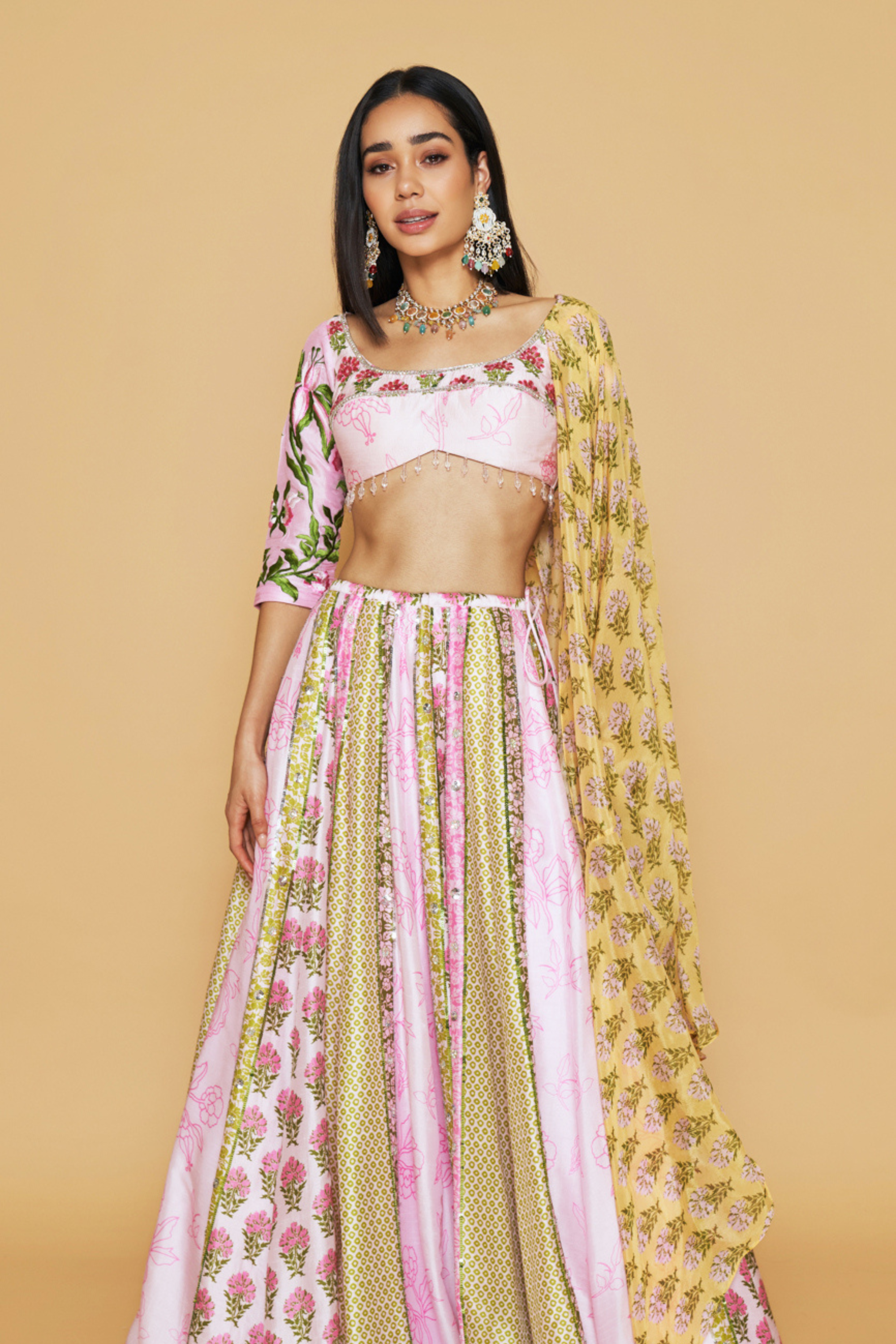 Pink, Yellow & Green Floral Printed Lehenga Set
