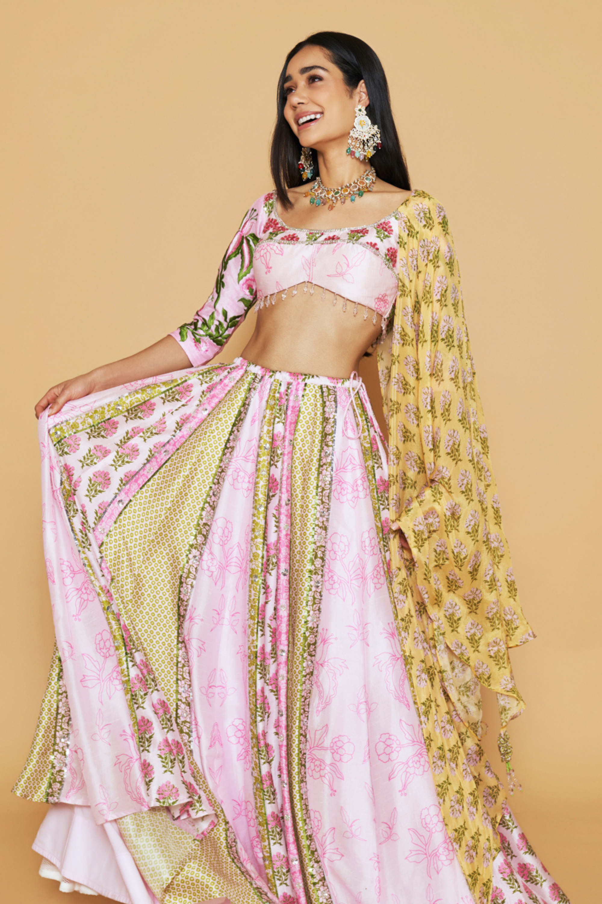 Pink, Yellow & Green Floral Printed Lehenga Set