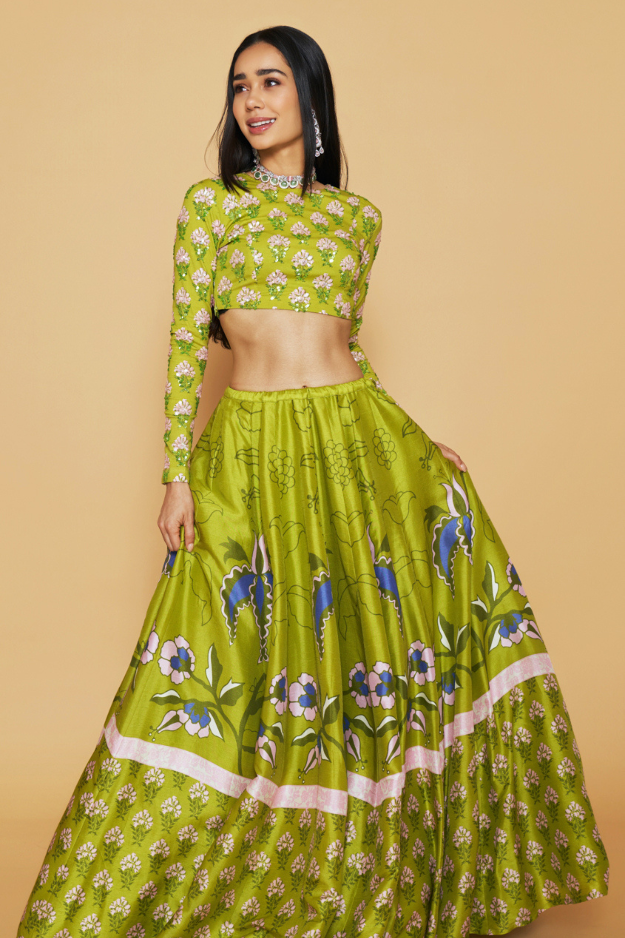 Green Floral Printed Lehenga Set