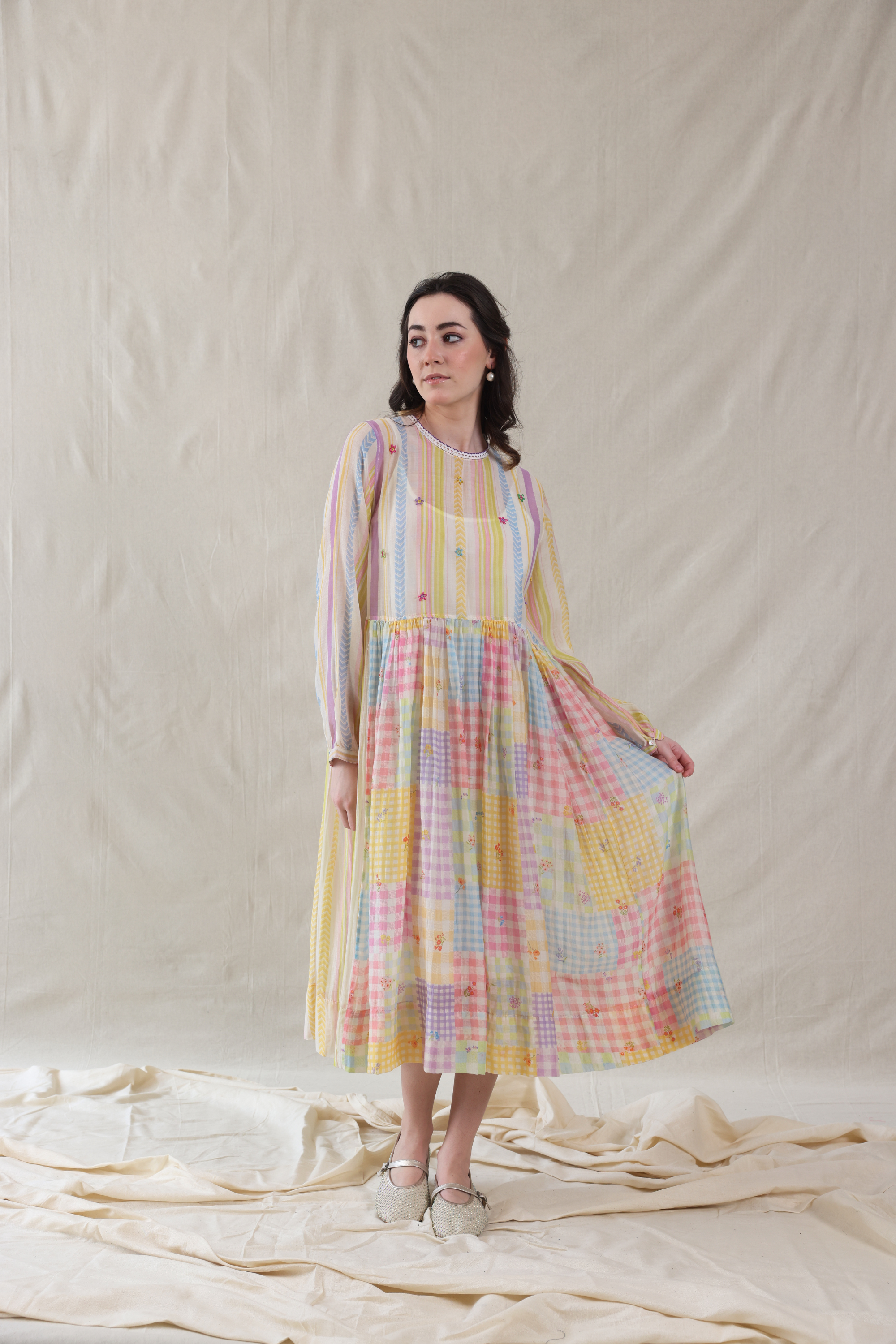 Off White Silk, Cotton Round Neck Hand Painted Striped Dress And Slip Set