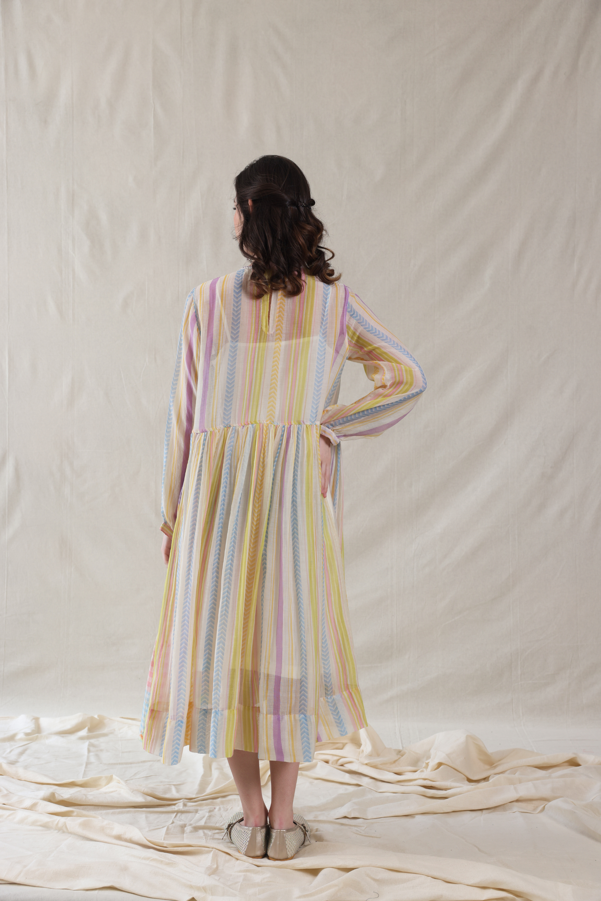Off White Silk, Cotton Round Neck Hand Painted Striped Dress And Slip Set