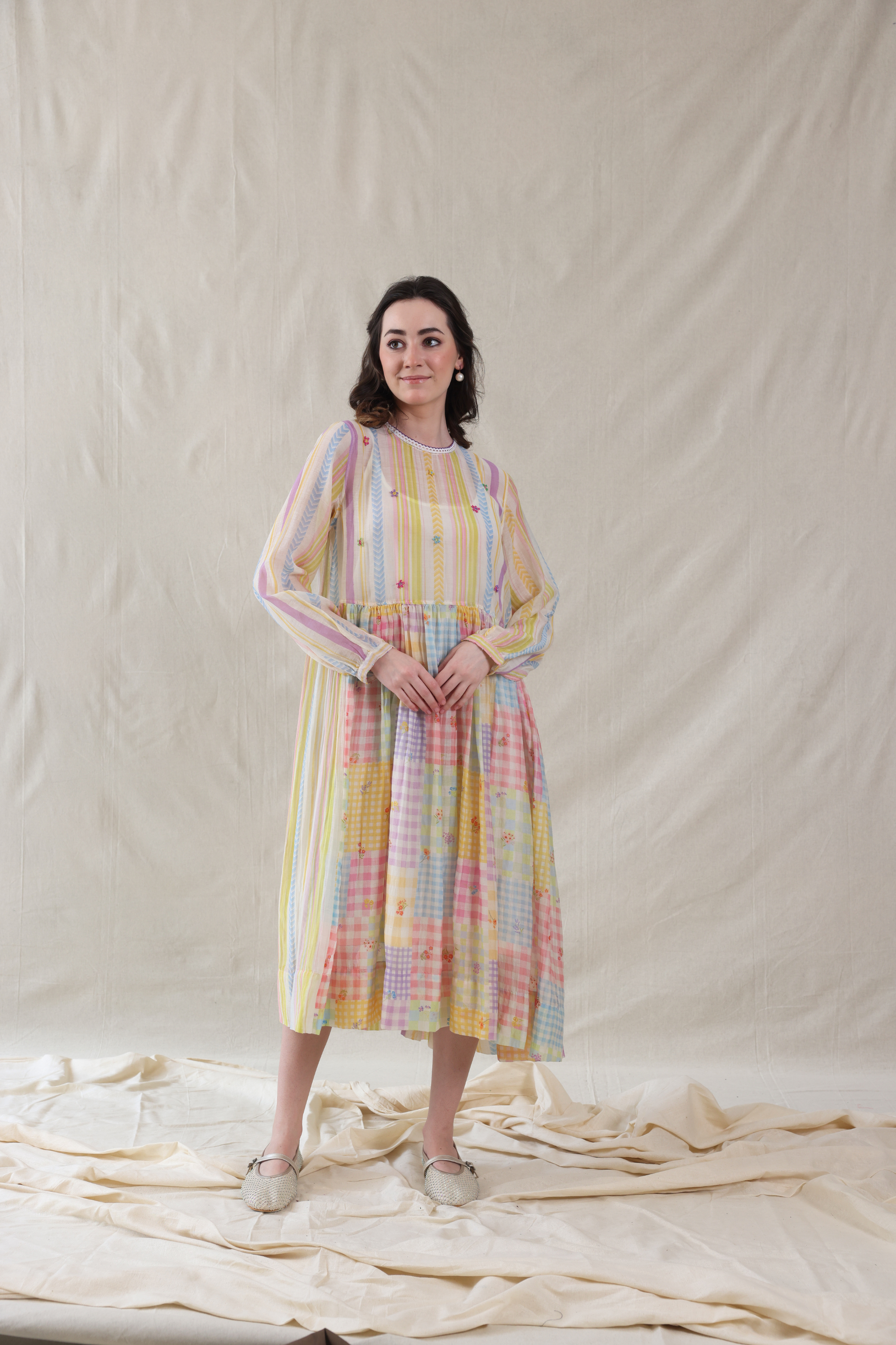 Off White Silk, Cotton Round Neck Hand Painted Striped Dress And Slip Set