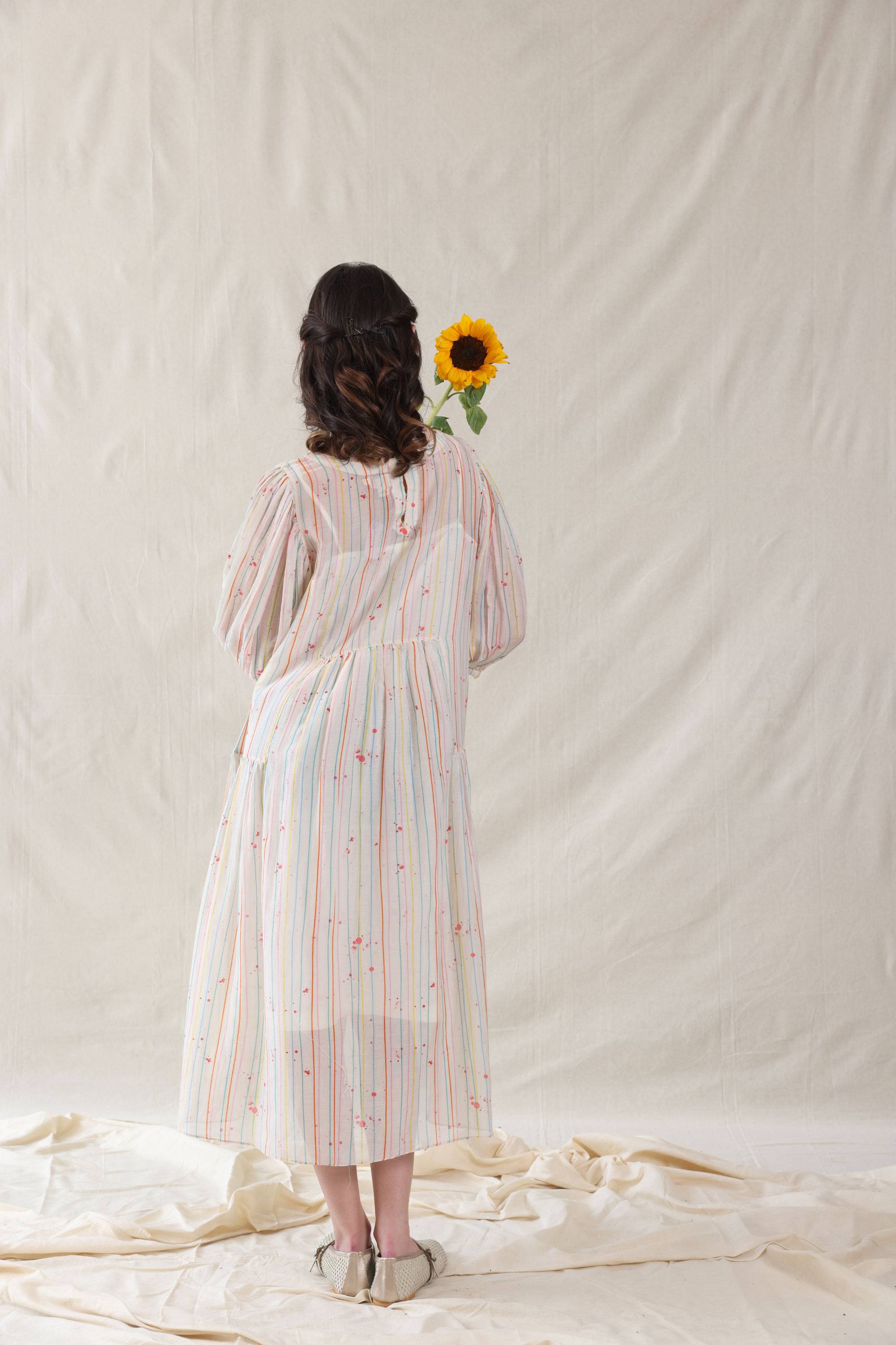 Off White Silk, Cotton Round Neck Hand Painted Striped Dress And Slip Set