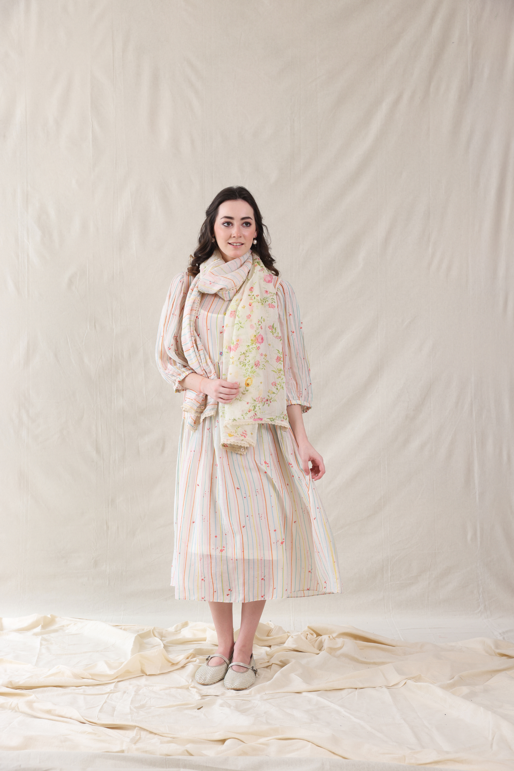 Off White Silk, Cotton Round Neck Hand Painted Striped Dress And Slip Set