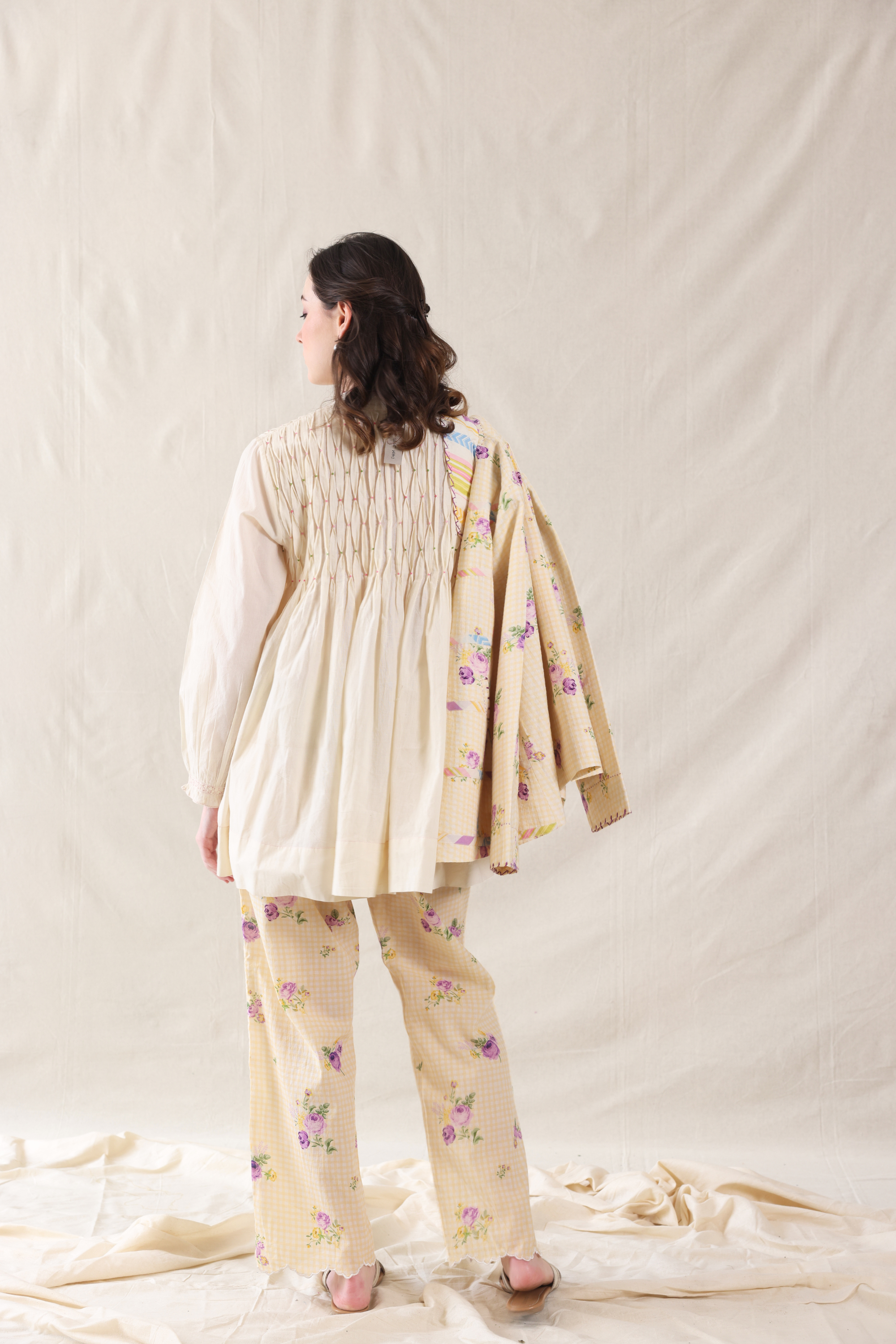 Off White Silk, Cotton Mandarin Collar Handwoven Top And Slip Set