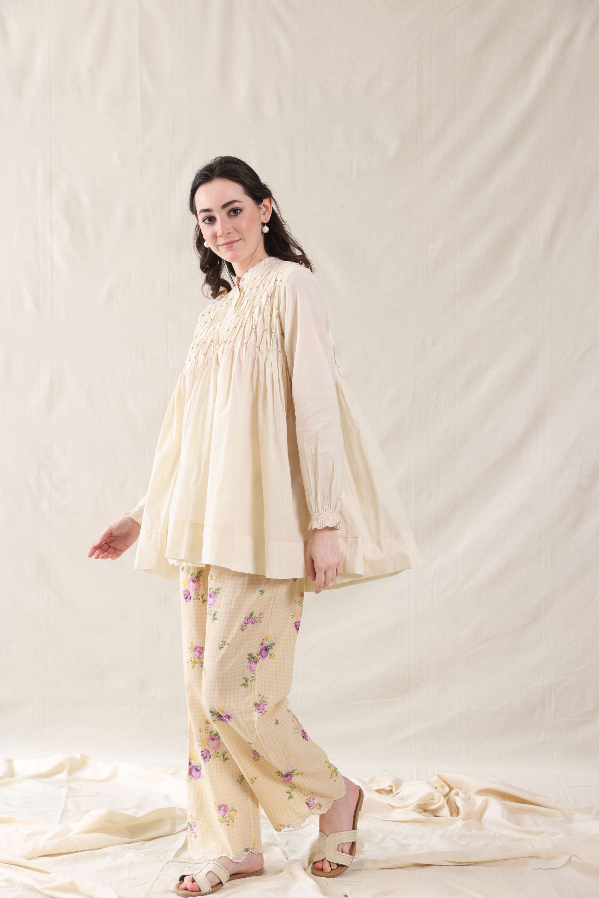 Off White Silk, Cotton Mandarin Collar Handwoven Top And Slip Set