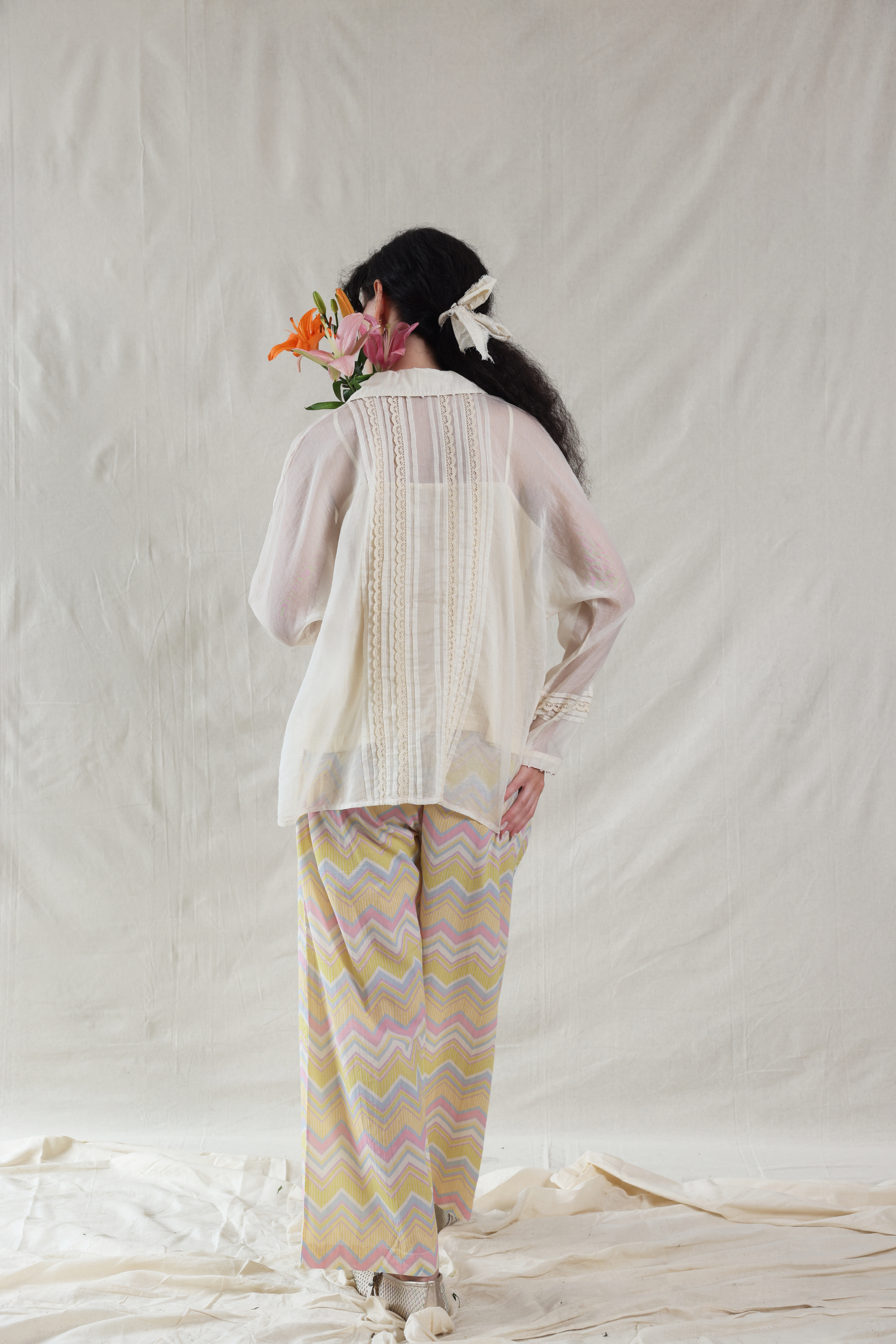 Off White Silk, Cotton Collared Hand Painted Handwoven Top And Slip