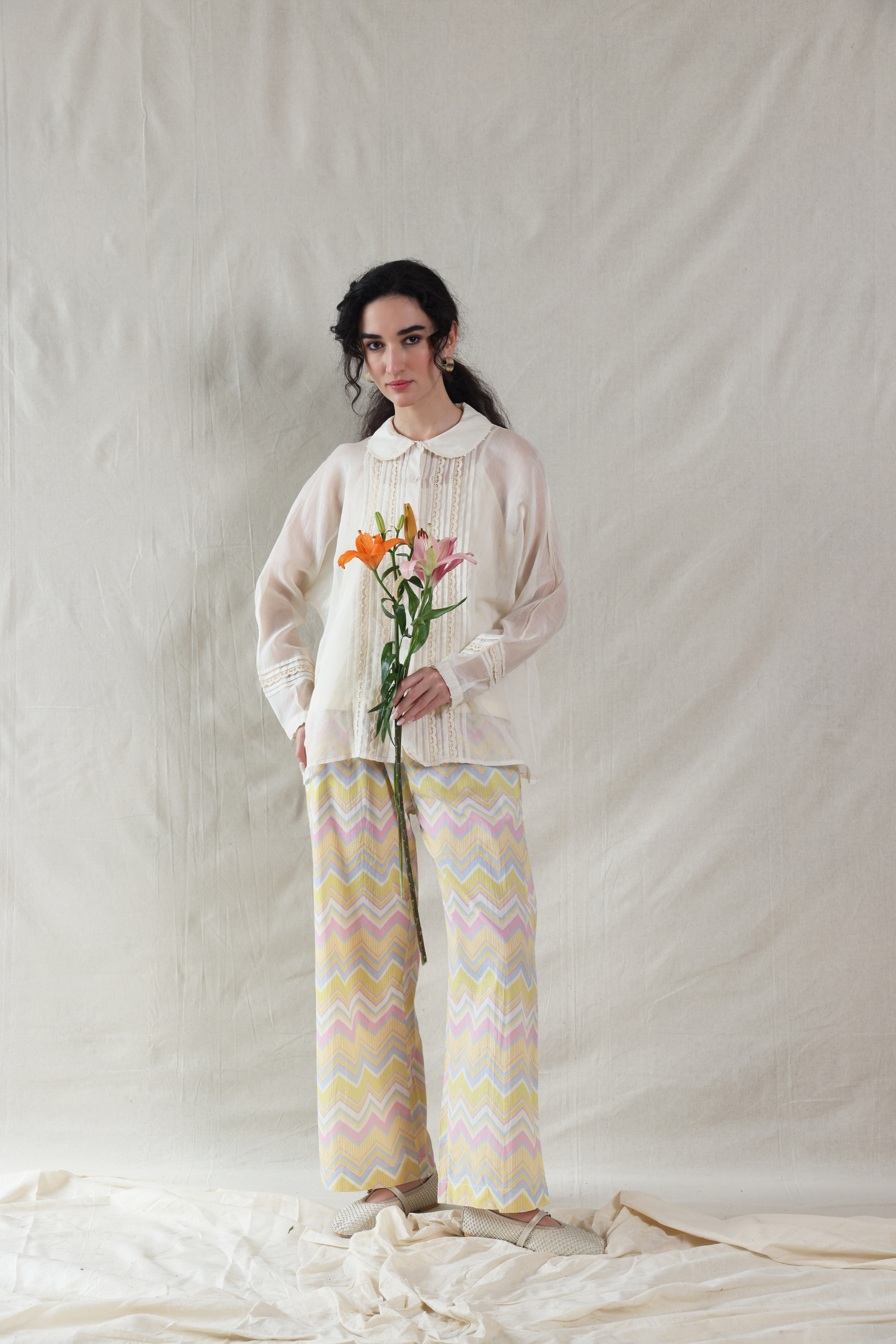 Off White Silk, Cotton Collared Hand Painted Handwoven Top And Slip