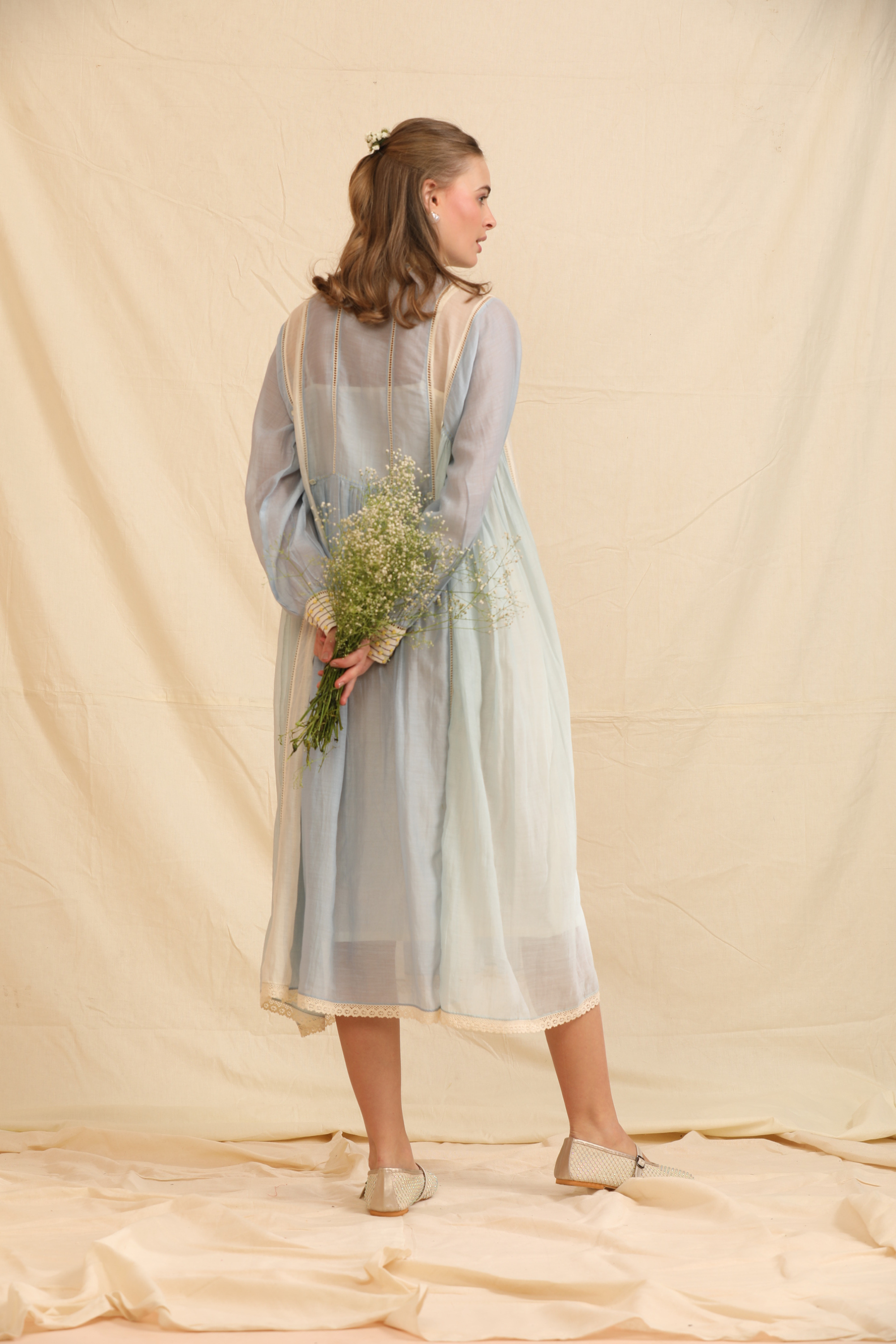 Blue Silk, Cotton High Neck Handwoven Dress And Slip Set