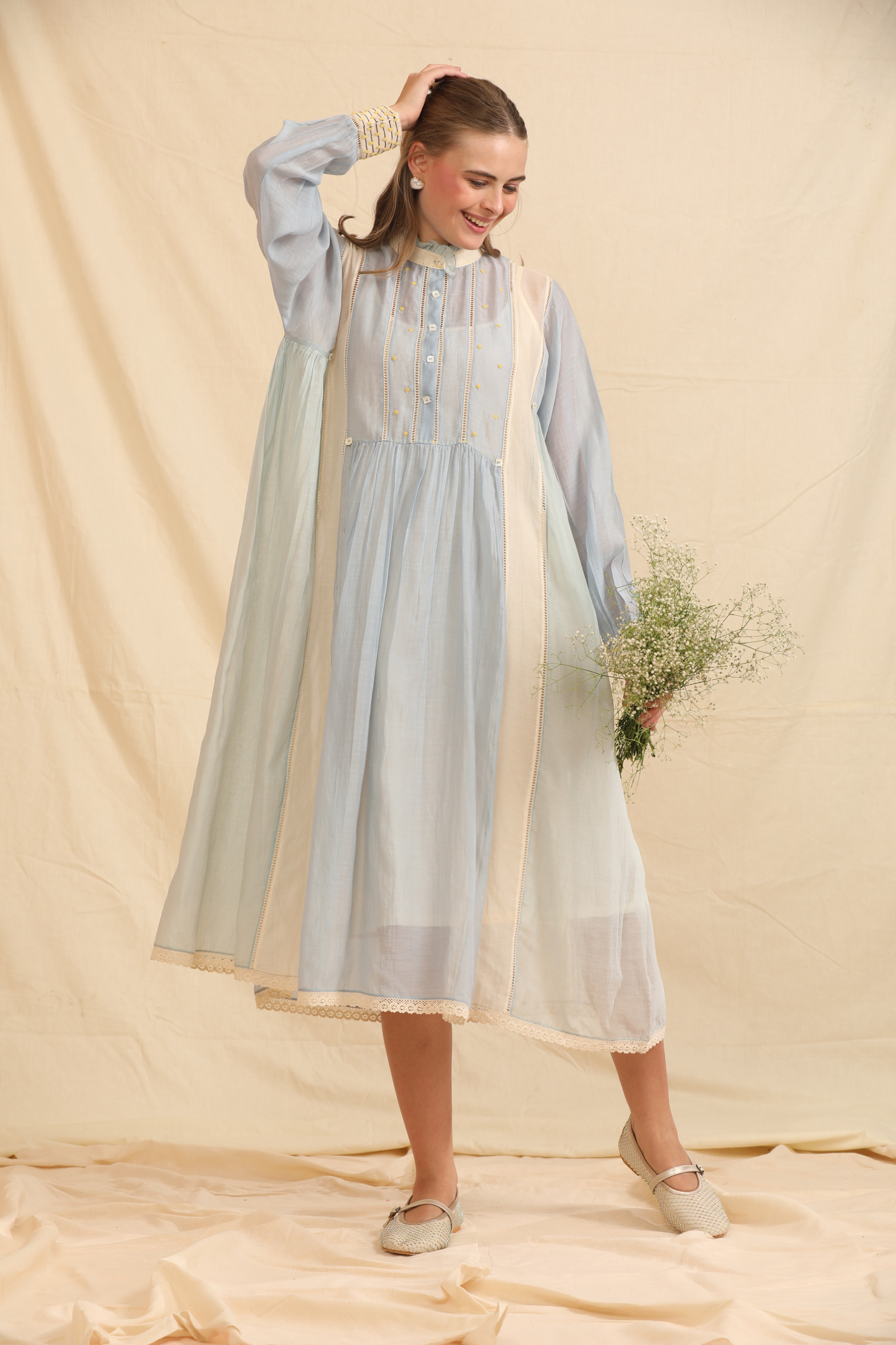 Blue Silk, Cotton High Neck Handwoven Dress And Slip Set