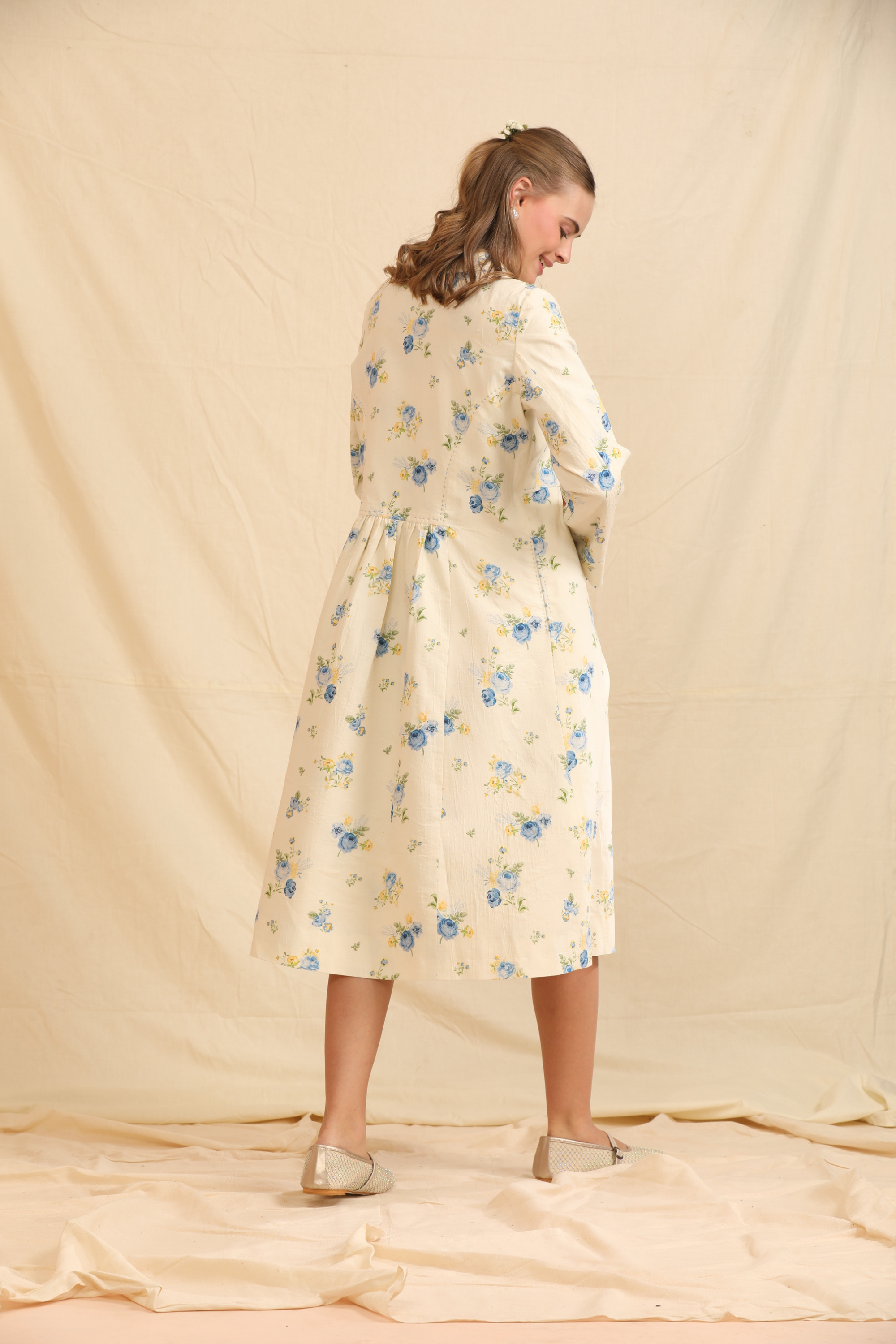 Blue Silk, Cotton Mandarin Collar Hand Painted Handwoven Dress