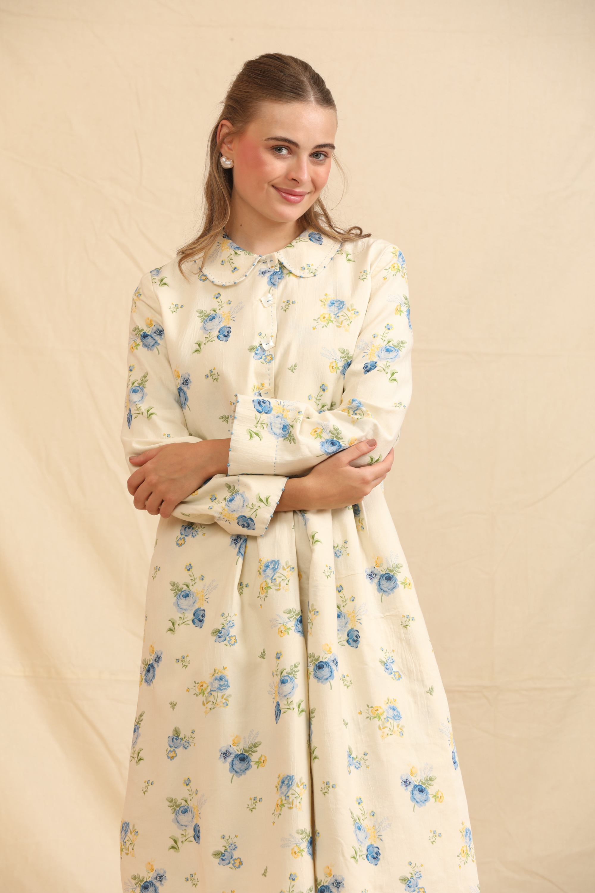 Blue Silk, Cotton Mandarin Collar Hand Painted Handwoven Dress