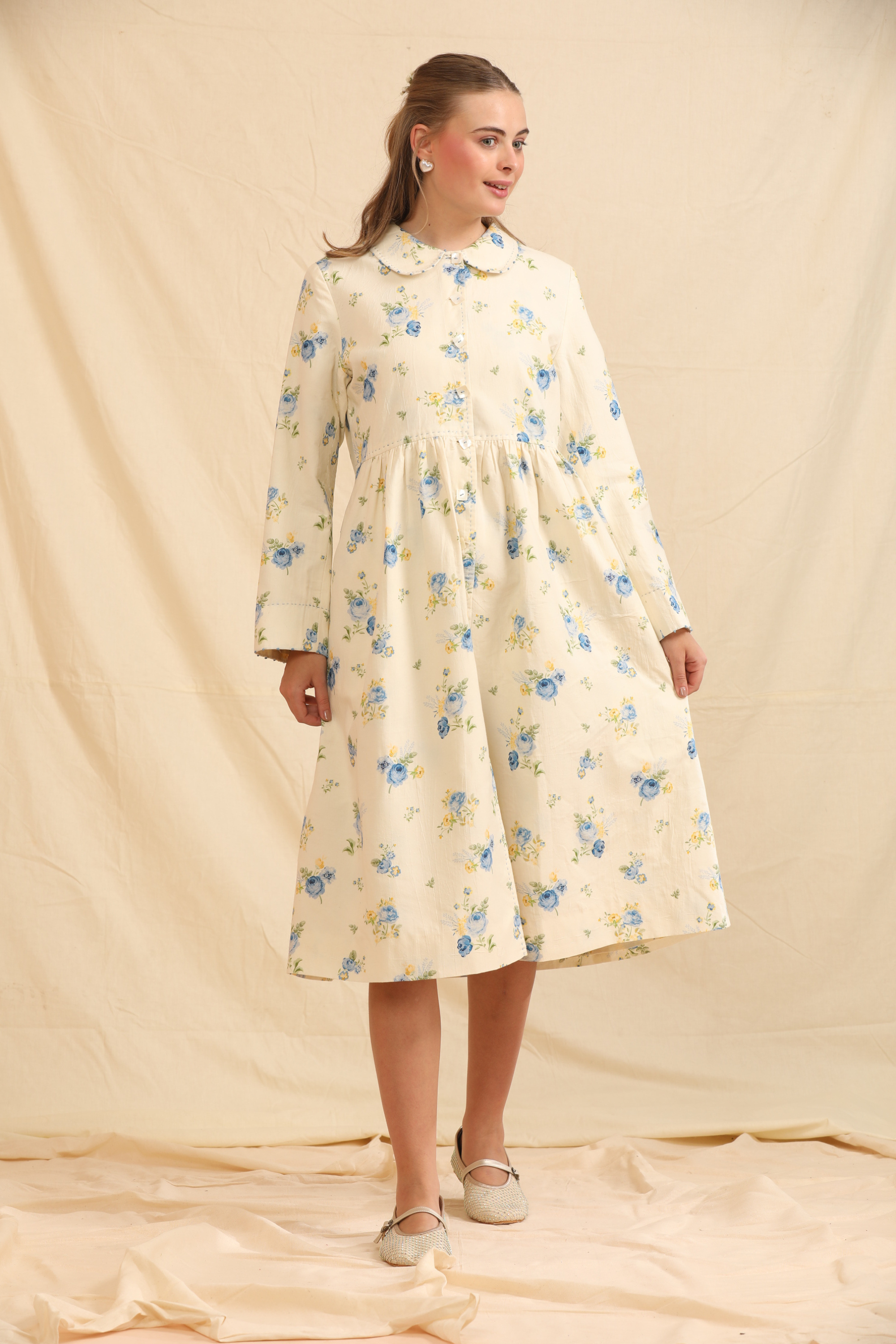 Blue Silk, Cotton Mandarin Collar Hand Painted Handwoven Dress