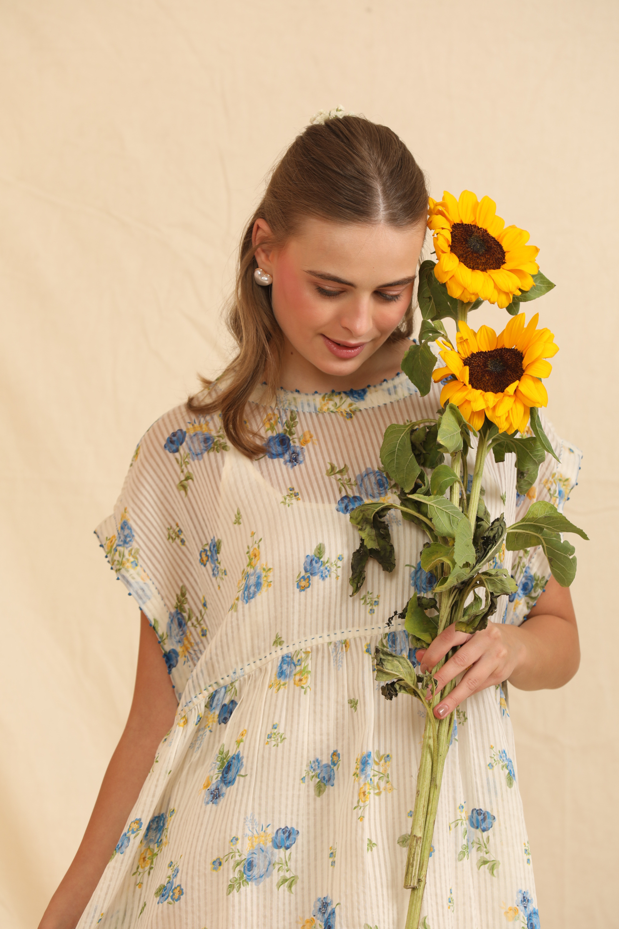 Blue Silk, Cotton Round Neck Handwoven Dress And Slip Set