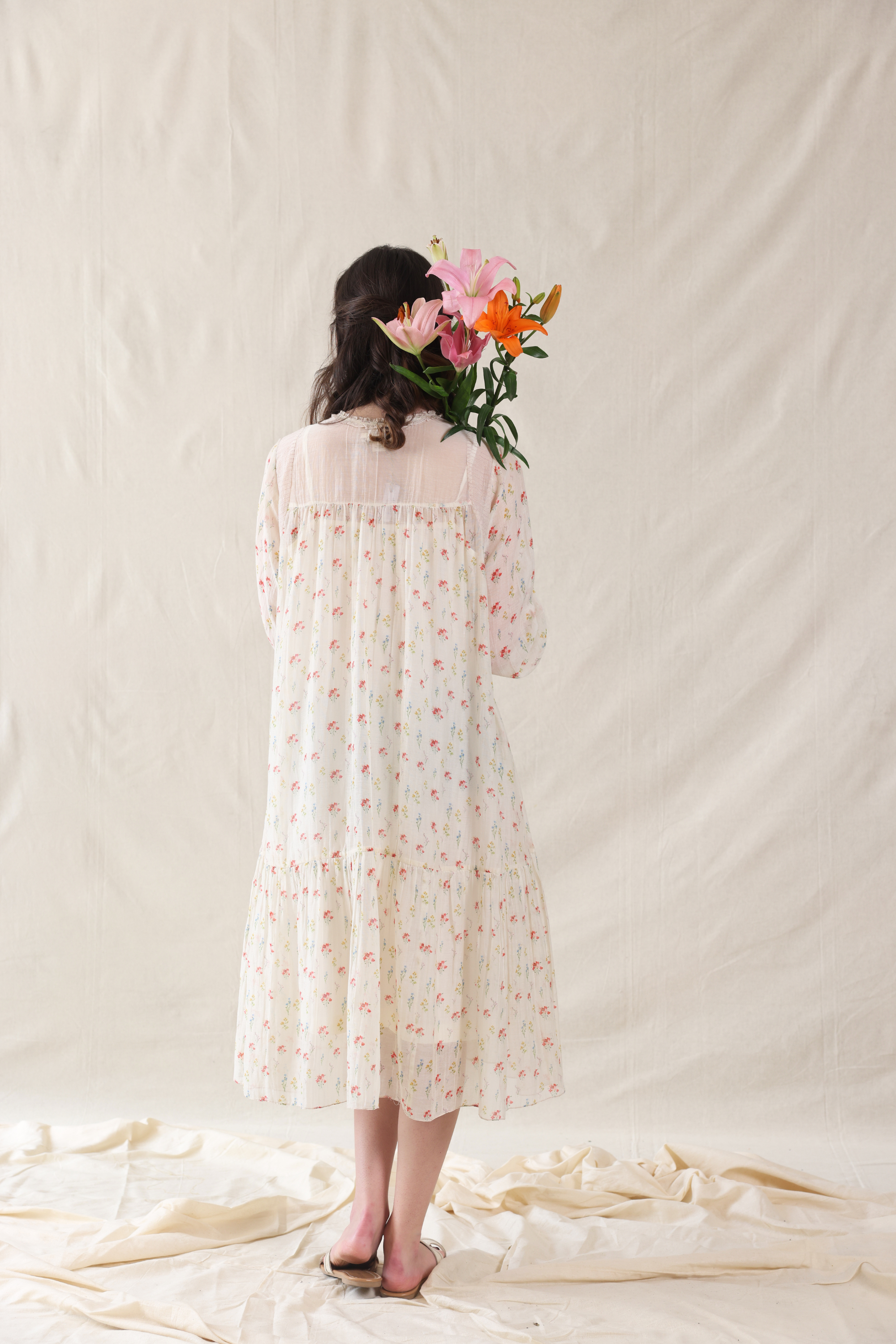 Off White Silk, Cotton High Neck Handwoven Dress And Slip Set
