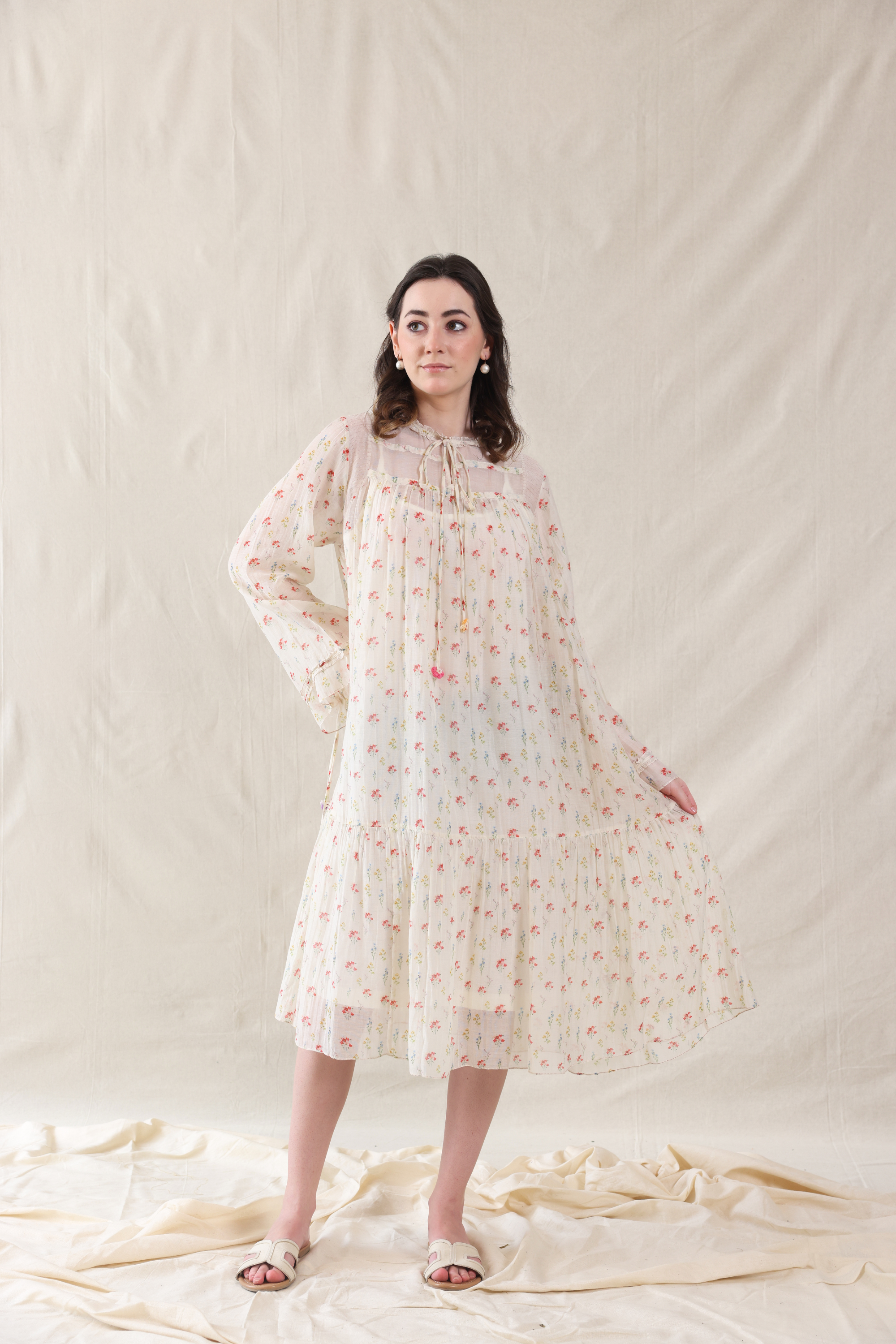 Off White Silk, Cotton High Neck Handwoven Dress And Slip Set