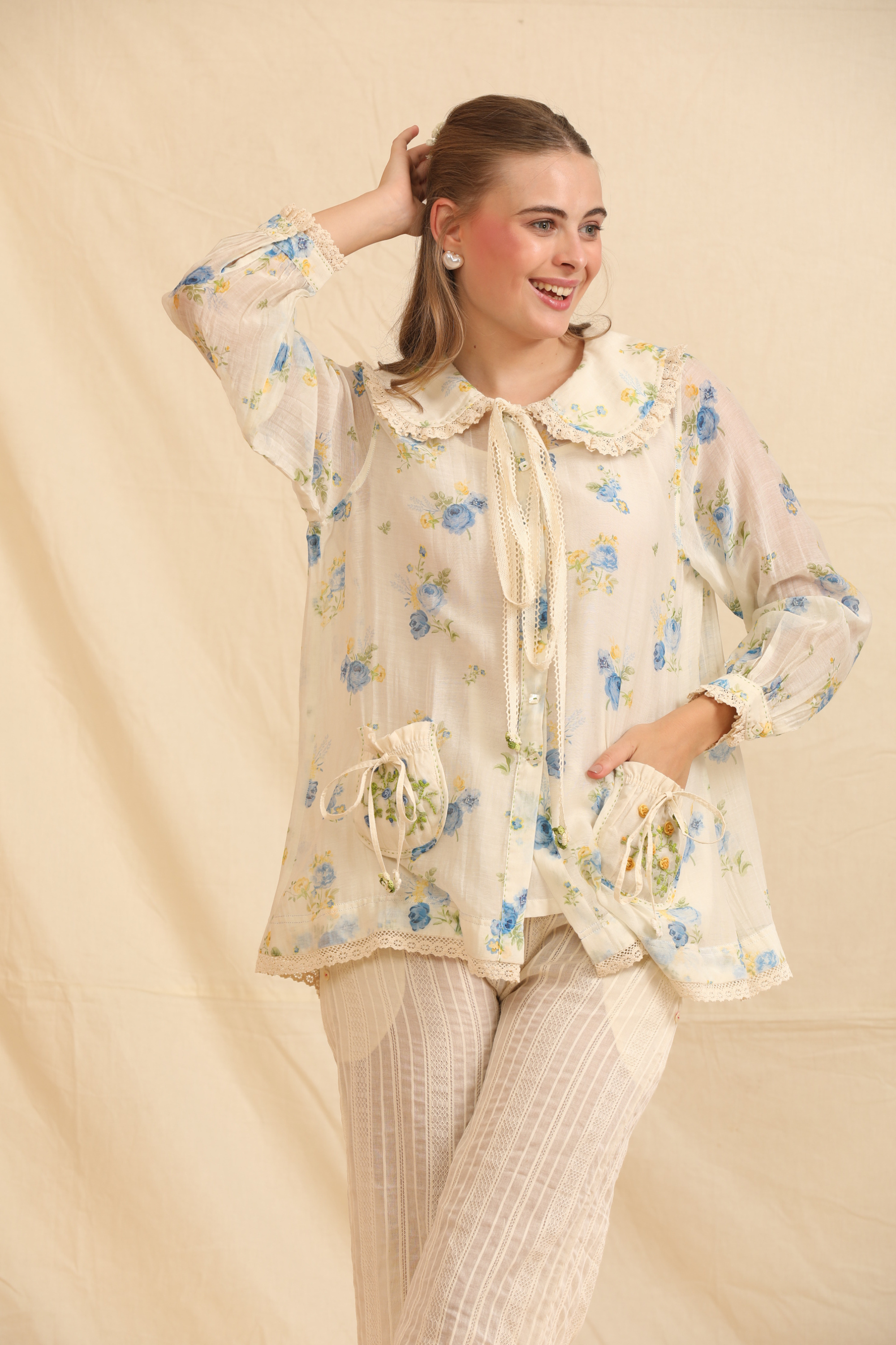 Blue Silk, Cotton Round Neck Handwoven Floral Top