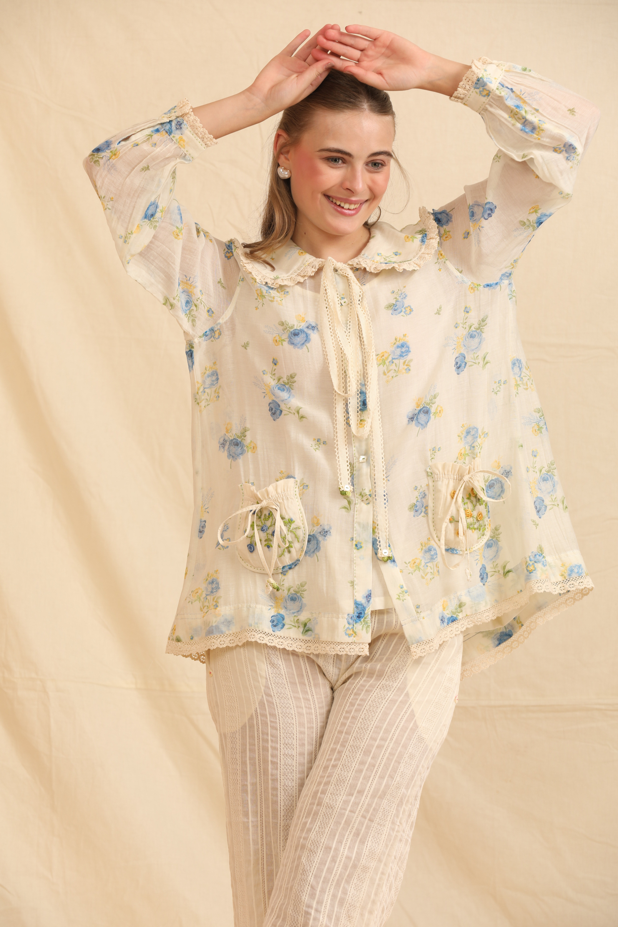 Blue Silk, Cotton Round Neck Handwoven Floral Top