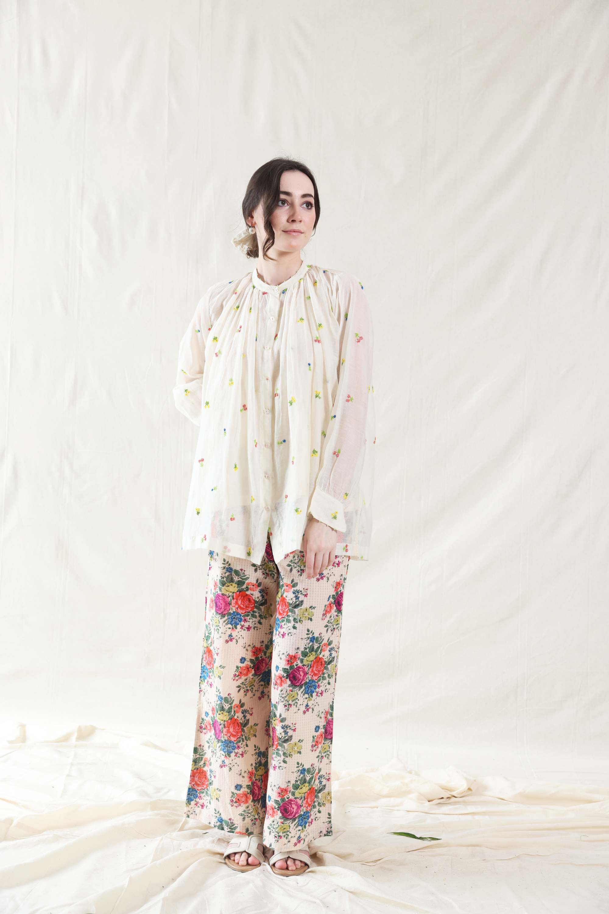 Off White Silk, Cotton Mandarin Collar Handwoven Top And Slip Set